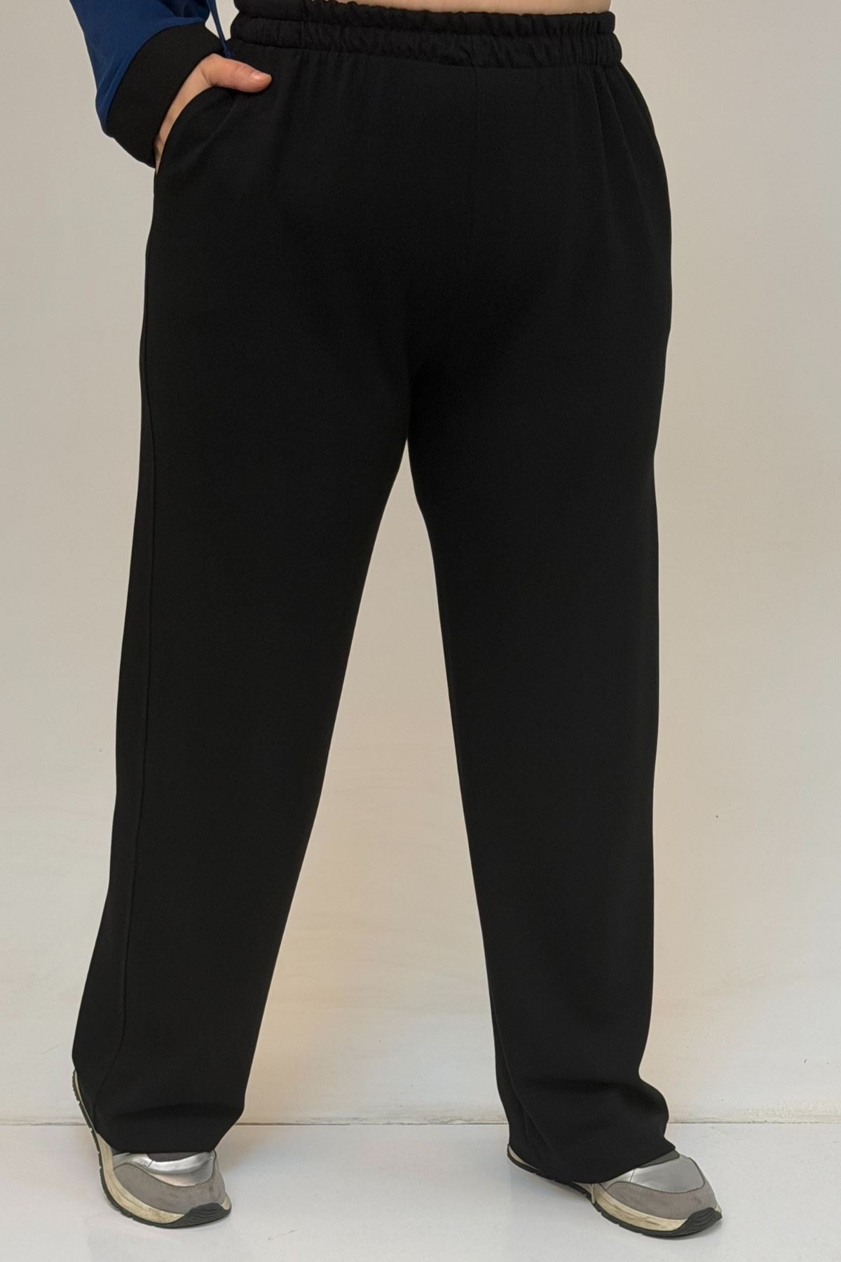 47056 Büyük Beden Garnili Boydan Fermuarlı Pantolonlu Modal Takım - Gri-Siyah