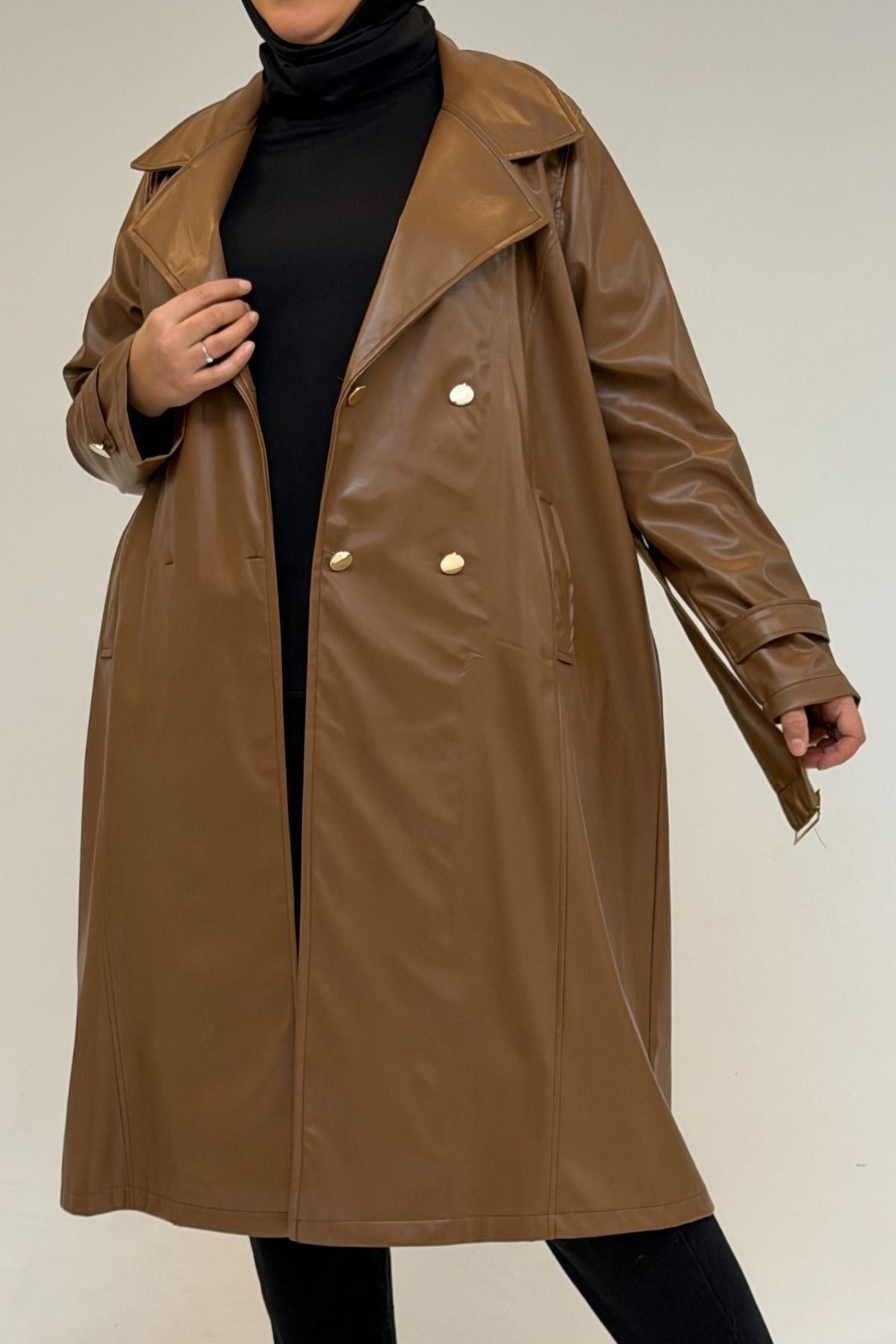53073 Büyük Beden Kemerli Deri Trençkot - Sütlü Kahve
