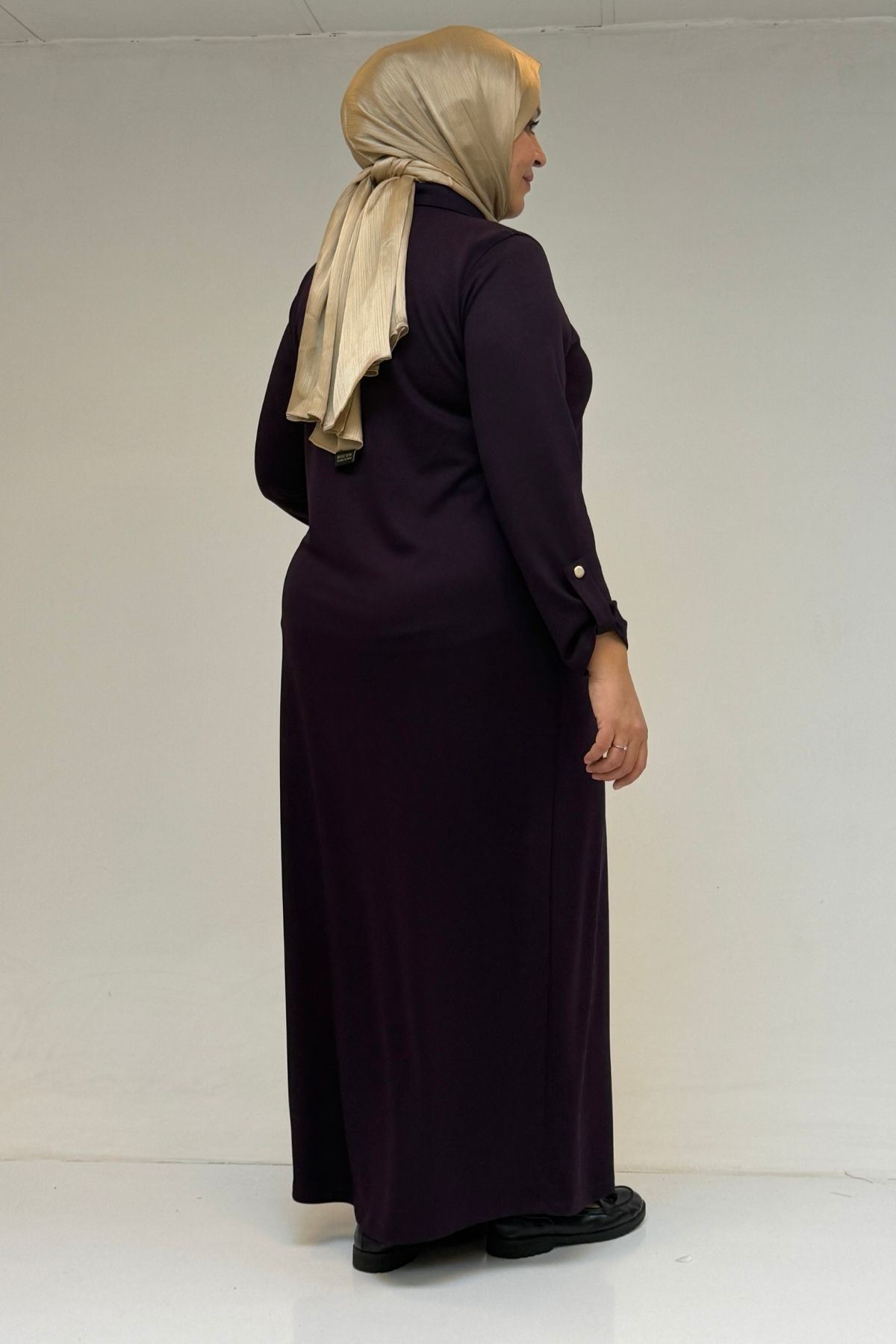 52026 Büyük Beden Katlama Detaylı Erkek Yakalı Modal Elbise - Mürdüm