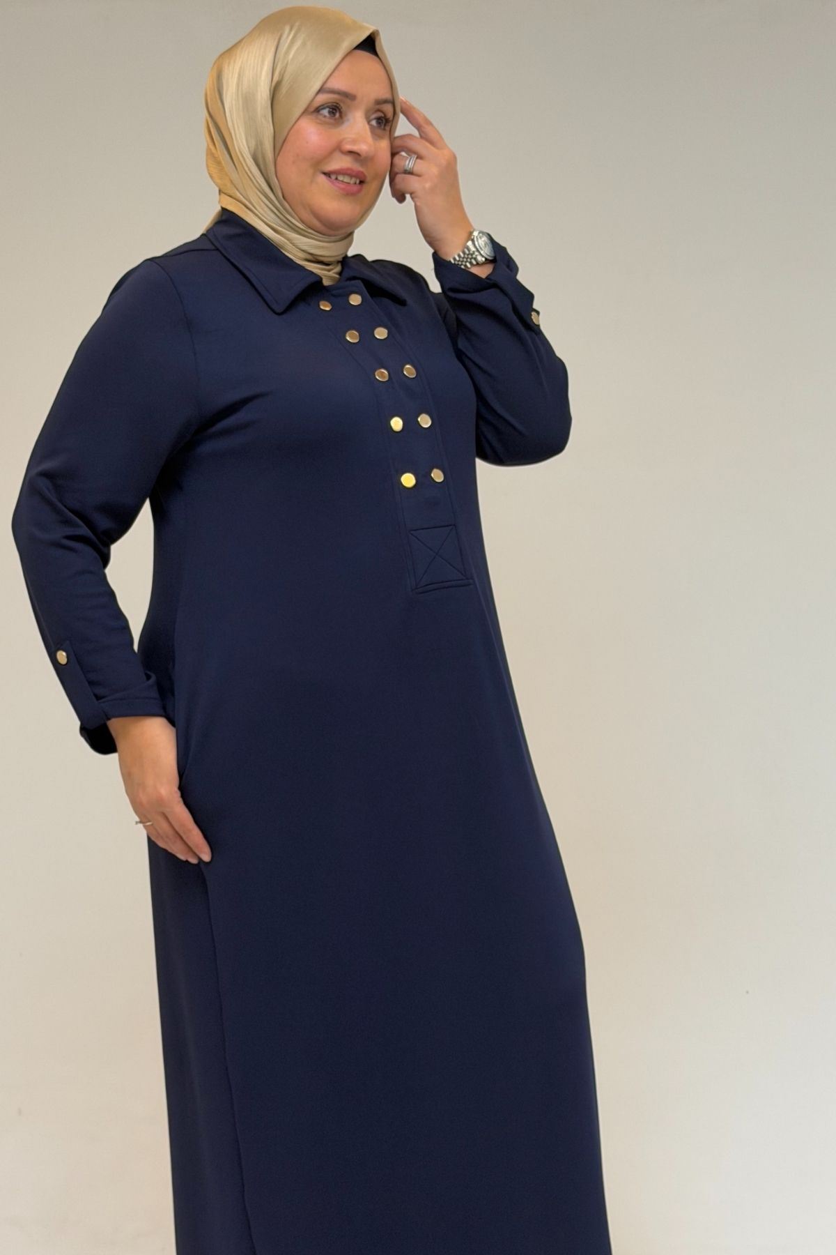 52026 Büyük Beden Katlama Detaylı Erkek Yakalı Modal Elbise - İndigo