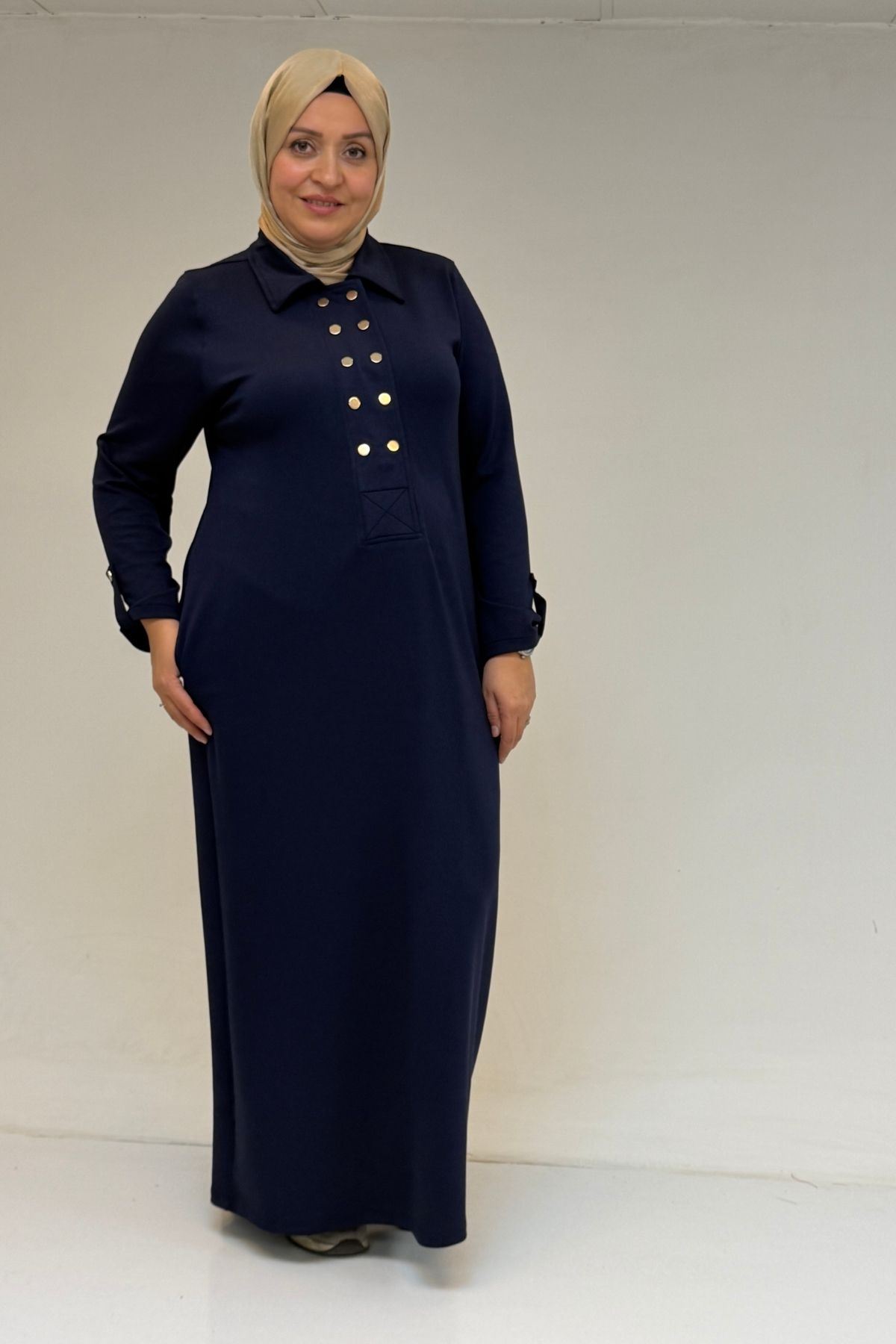 52026 Büyük Beden Katlama Detaylı Erkek Yakalı Modal Elbise - İndigo