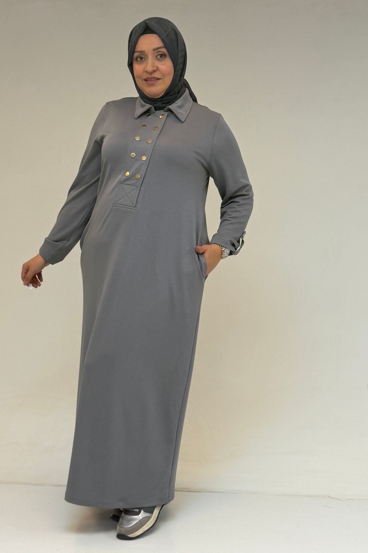 52026 Büyük Beden Katlama Detaylı Erkek Yakalı Modal Elbise - Gri