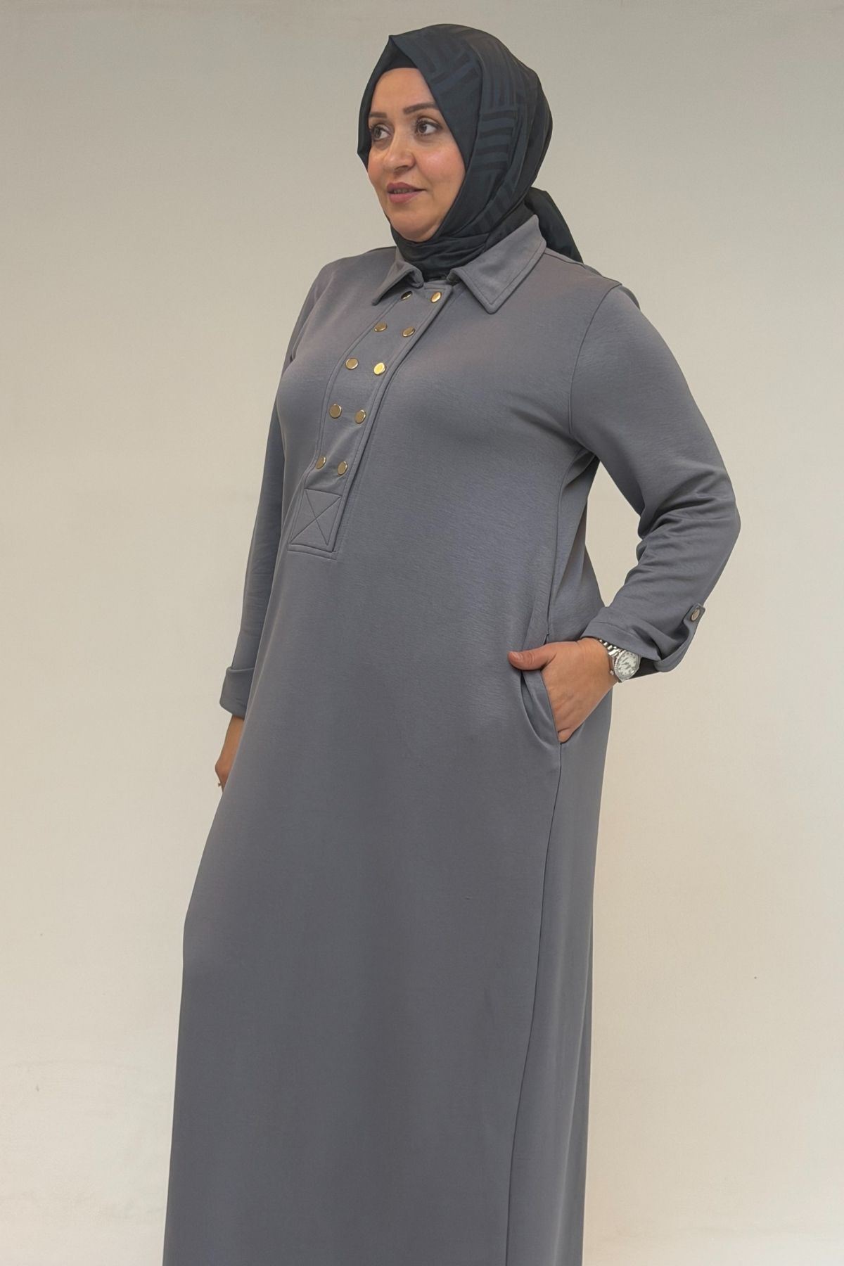 52026 Büyük Beden Katlama Detaylı Erkek Yakalı Modal Elbise - Gri