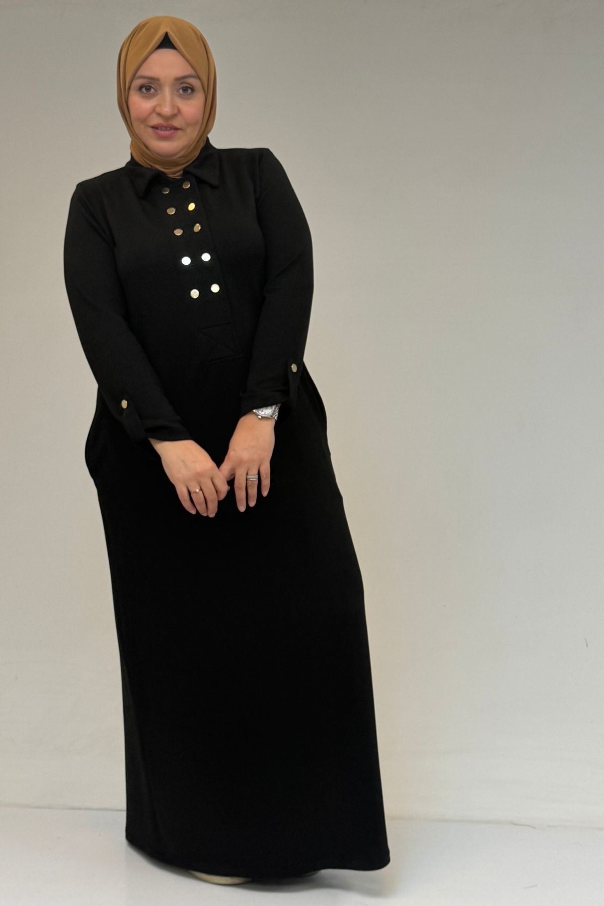 52026 Büyük Beden Katlama Detaylı Erkek Yakalı Modal Elbise - Siyah