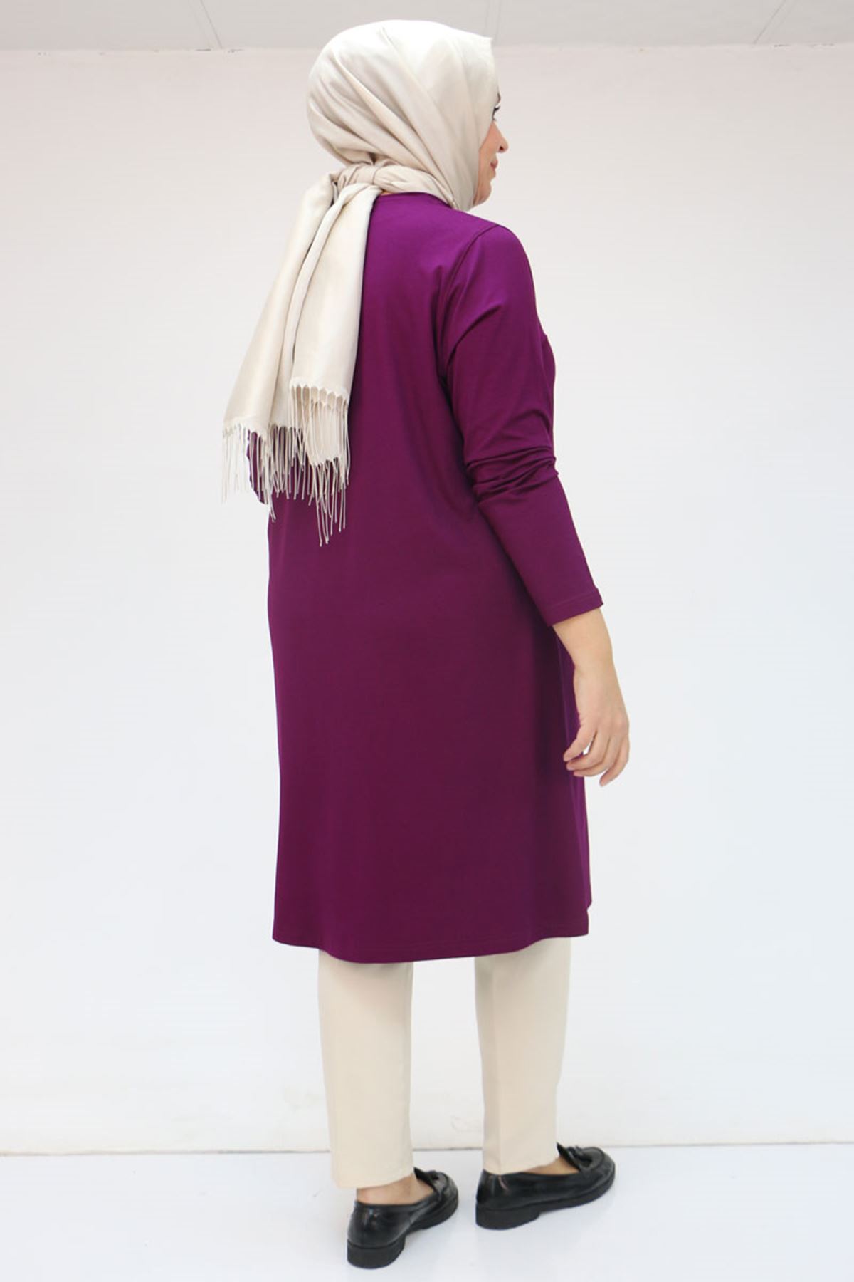 38501 Büyük Beden Basic Penye Tunik - Mor