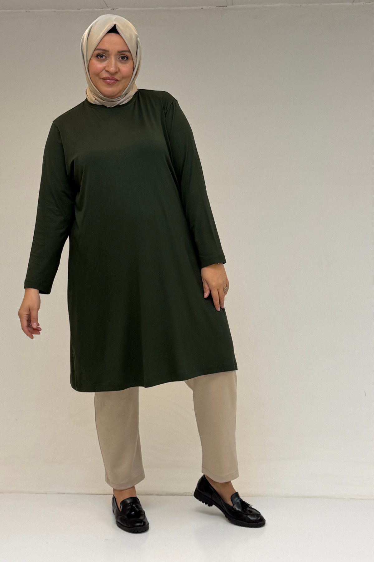 38501 Büyük Beden Basic Penye Tunik - Haki