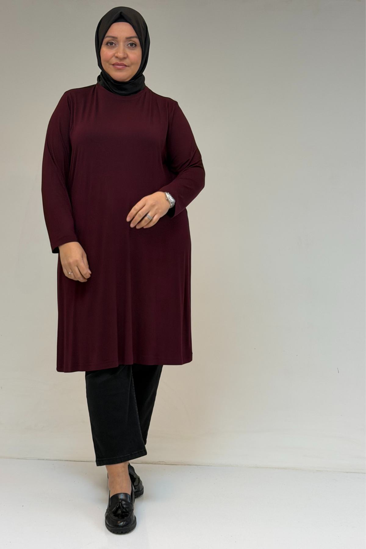 38501 Büyük Beden Basic Penye Tunik -  Bordo