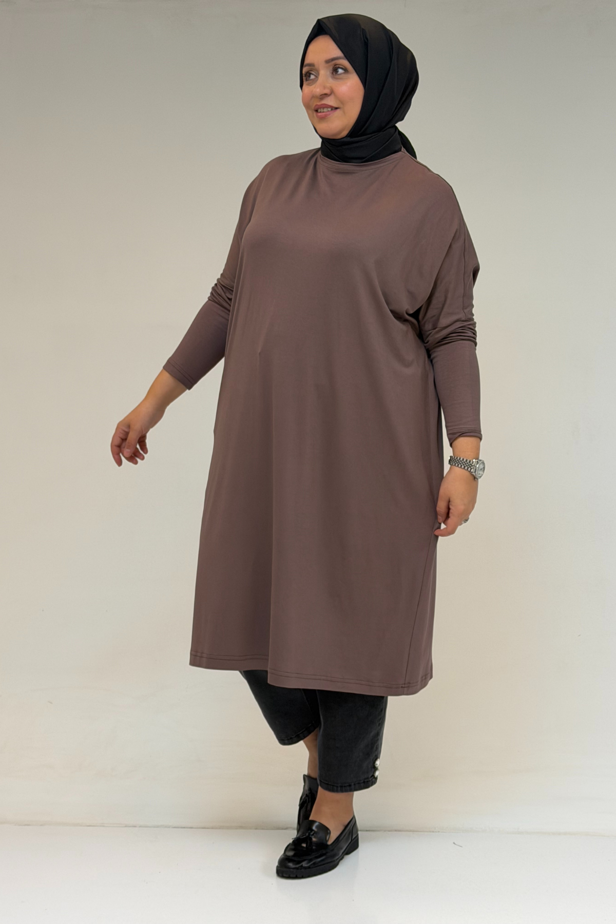 28092 Büyük Beden Düşük Kol Penye Tunik- Vizon