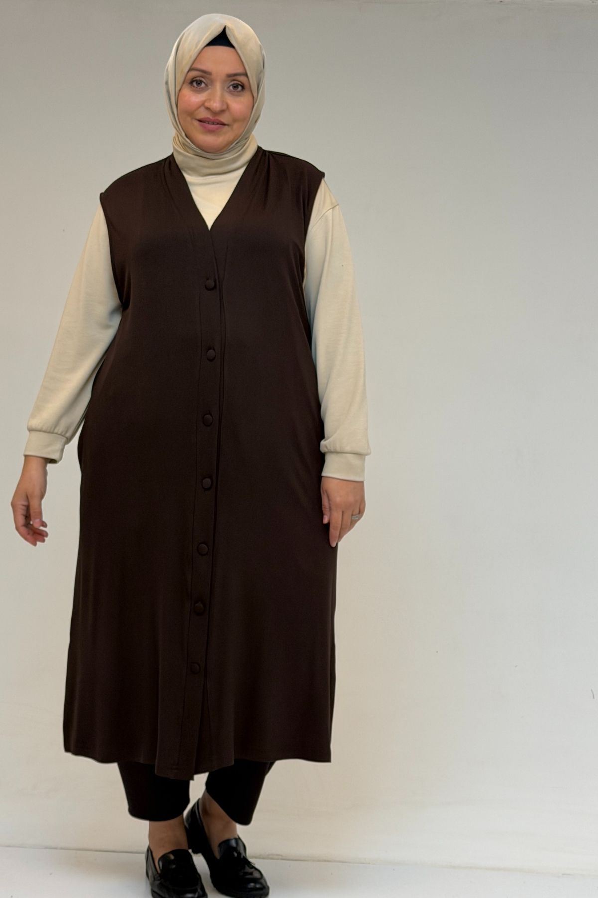 54017 Büyük Bedenkaplama Düğmeli Giy-Çık Penye Yelek - Kahve