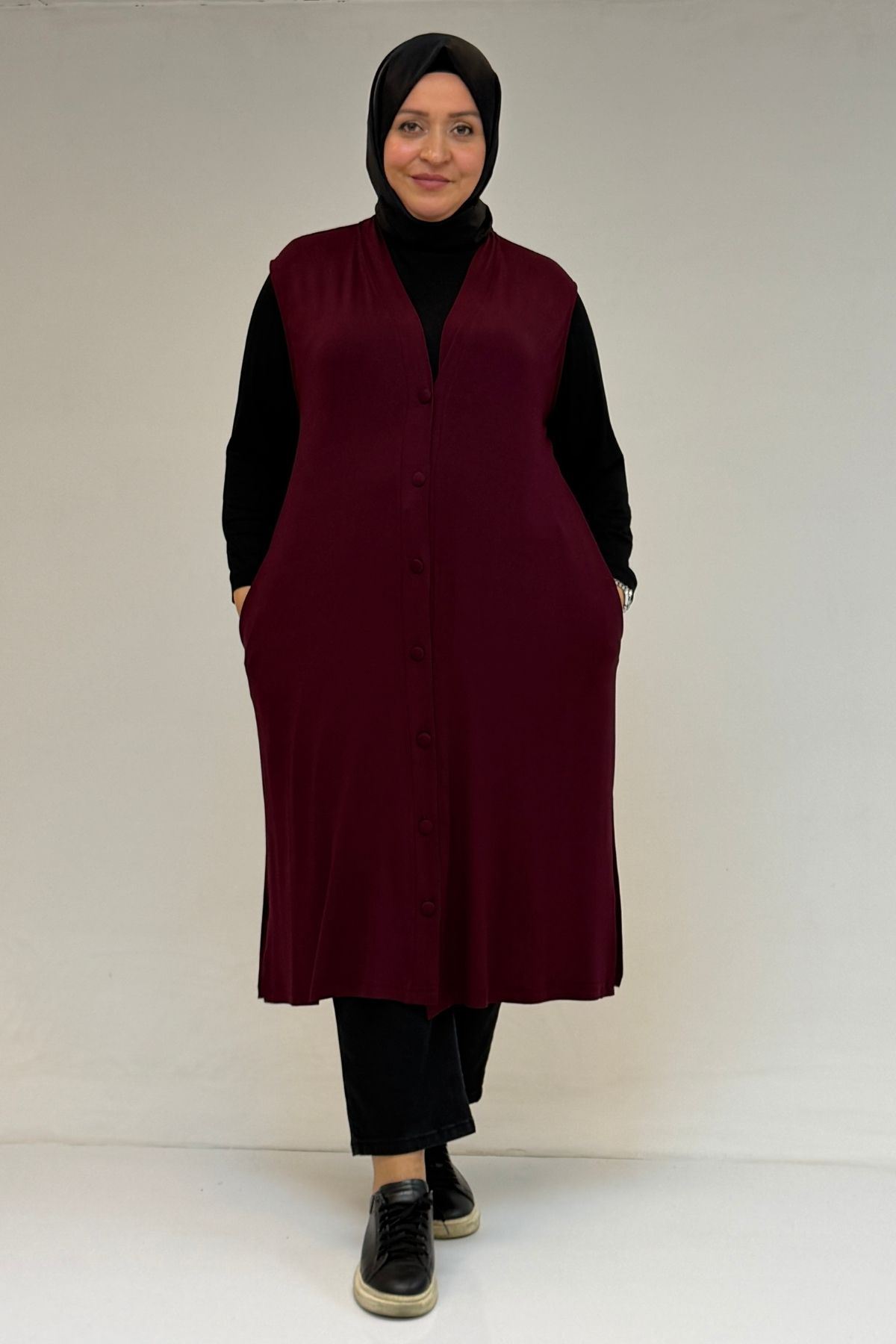 54017 Büyük Bedenkaplama Düğmeli Giy-Çık Penye Yelek - Bordo
