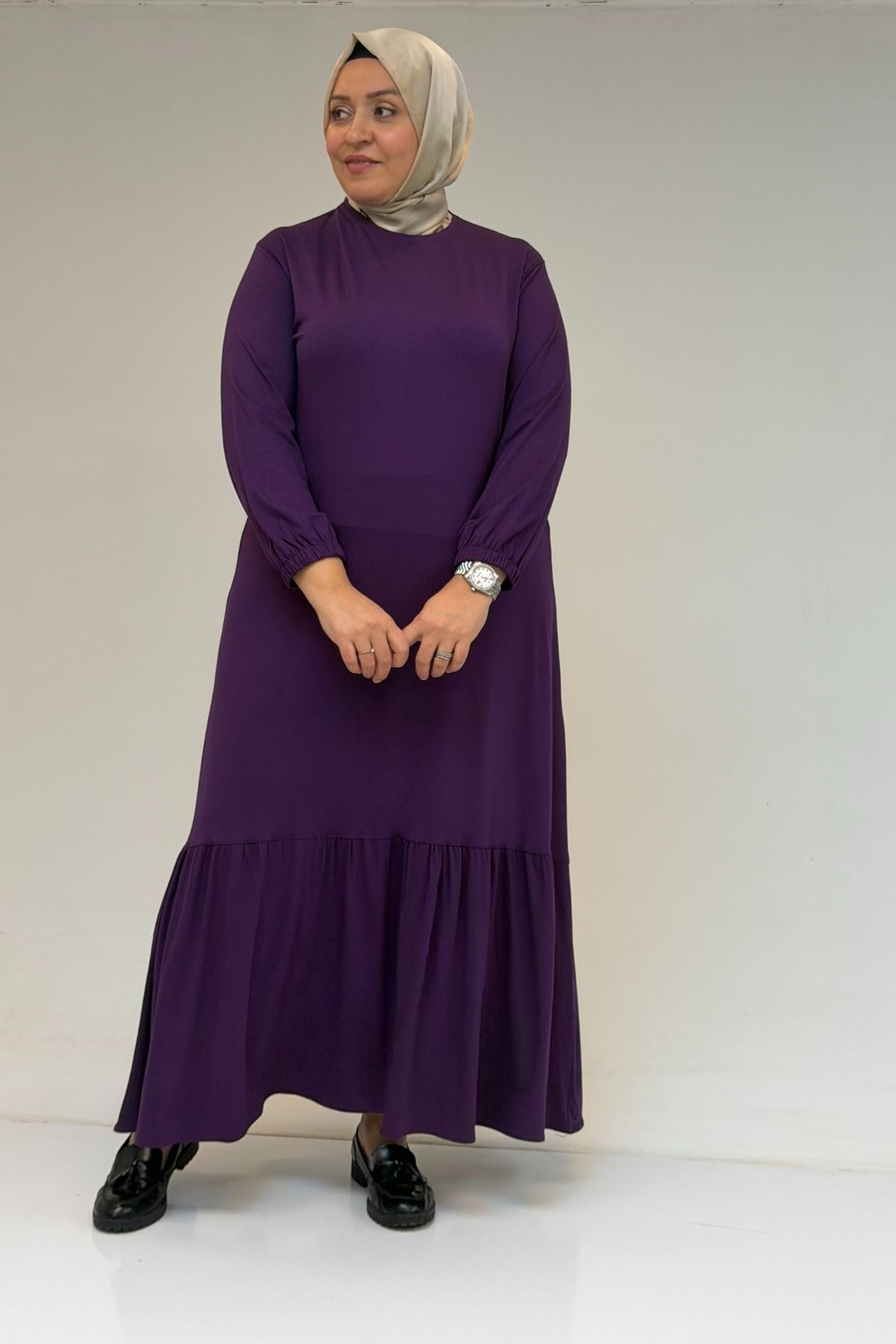 52034 Büyük Beden Eteği Fırfrılı Penye Elbise - Mor