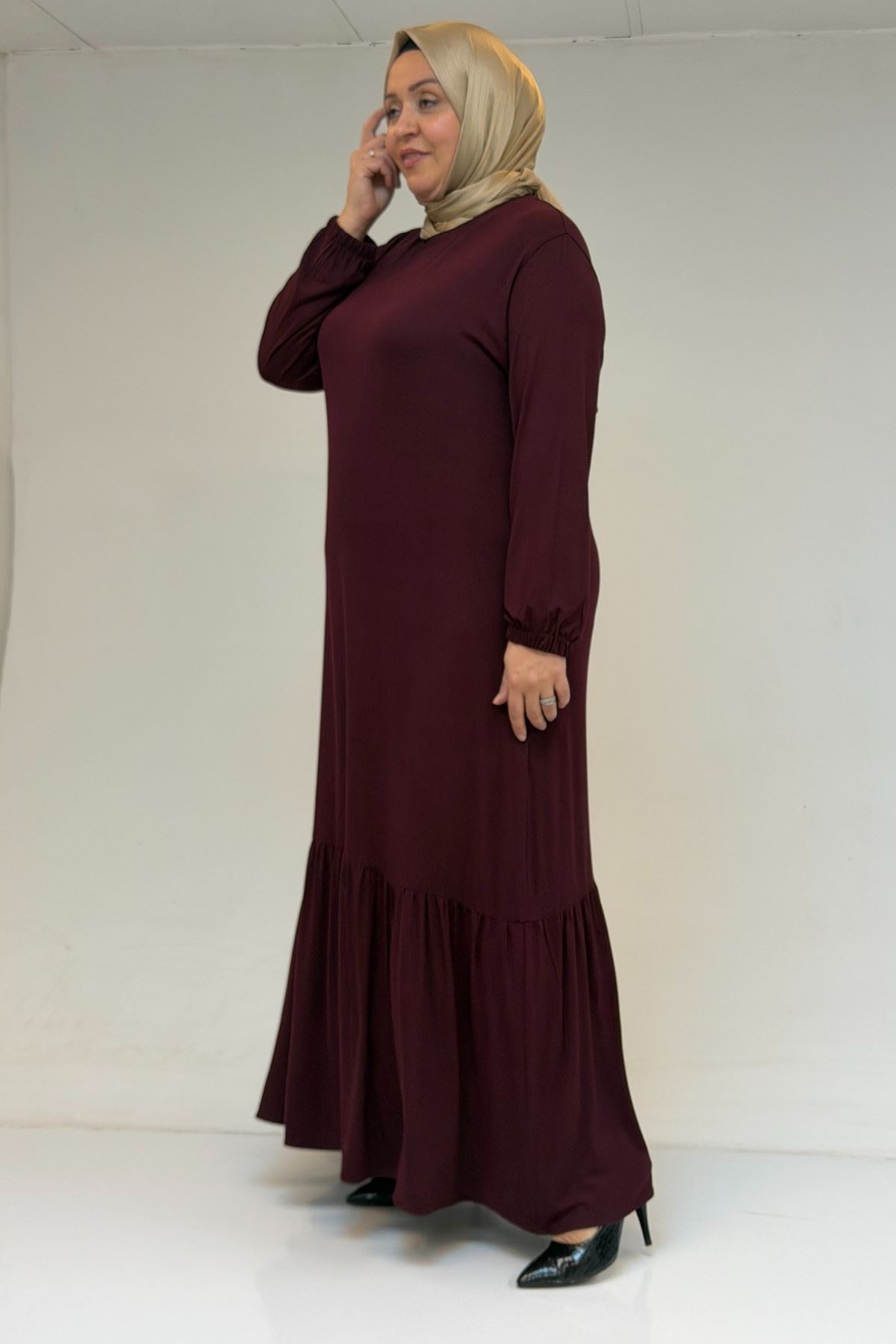 52034 Büyük Beden Eteği Fırfrılı Penye Elbise - Bordo