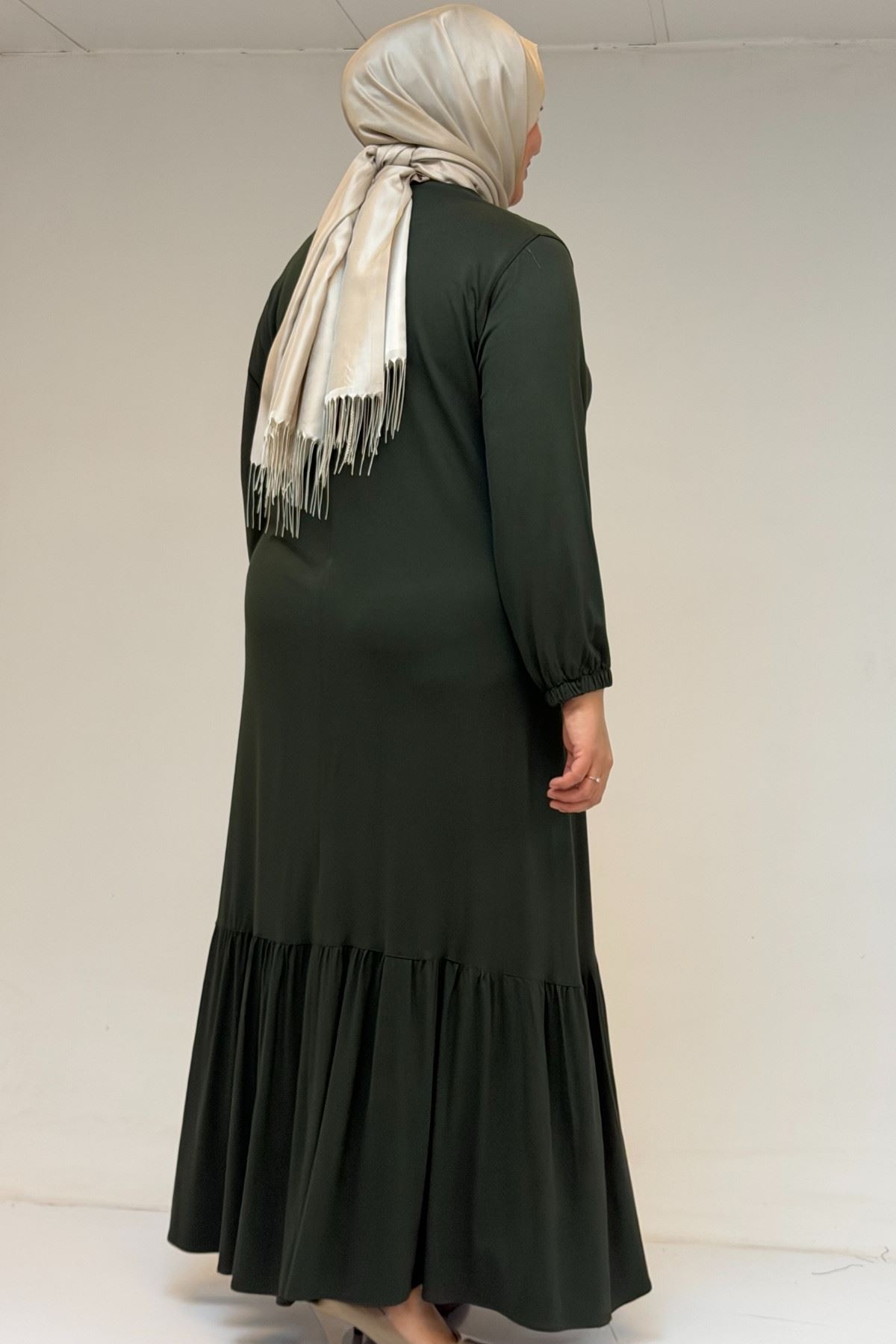 52034 Büyük Beden Eteği Fırfrılı Penye Elbise - Haki