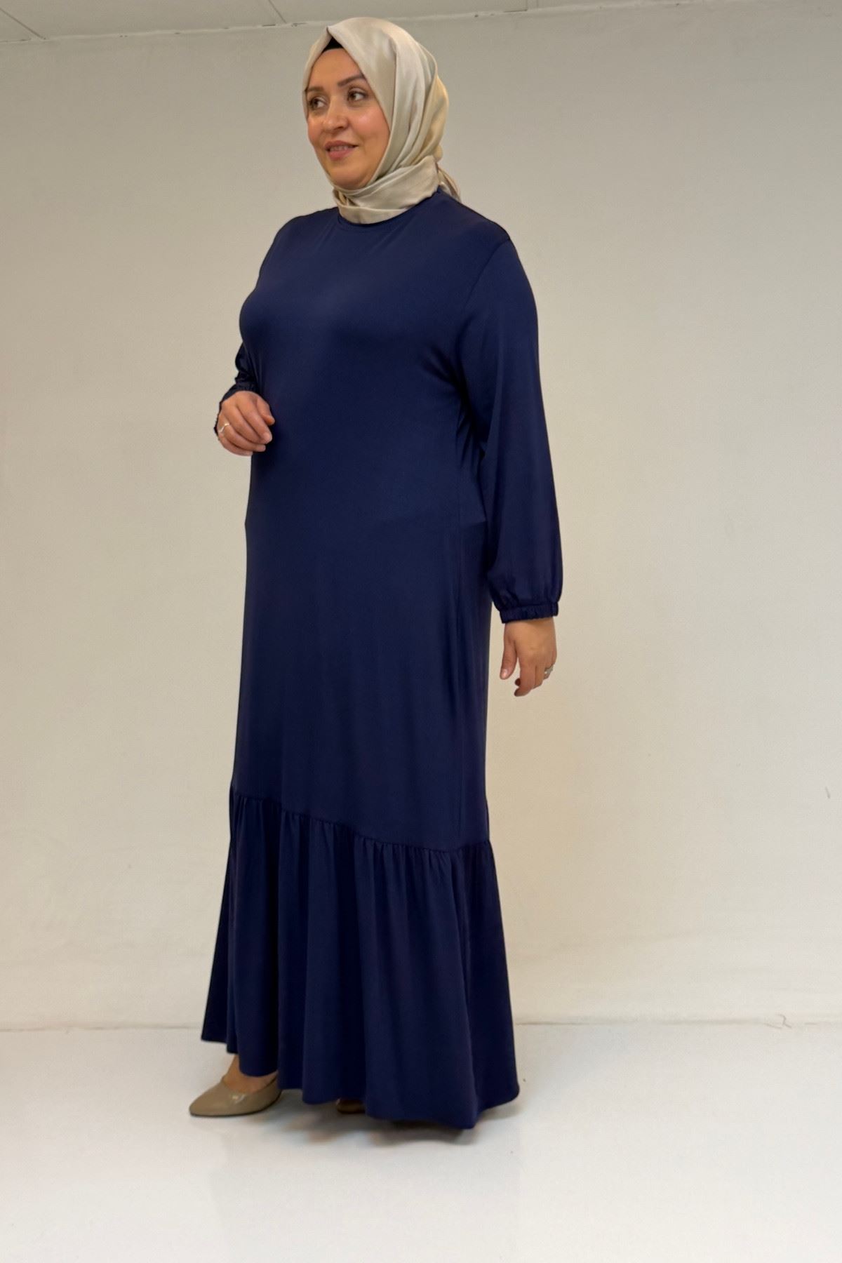 52034 Büyük Beden Eteği Fırfrılı Penye Elbise - İndigo