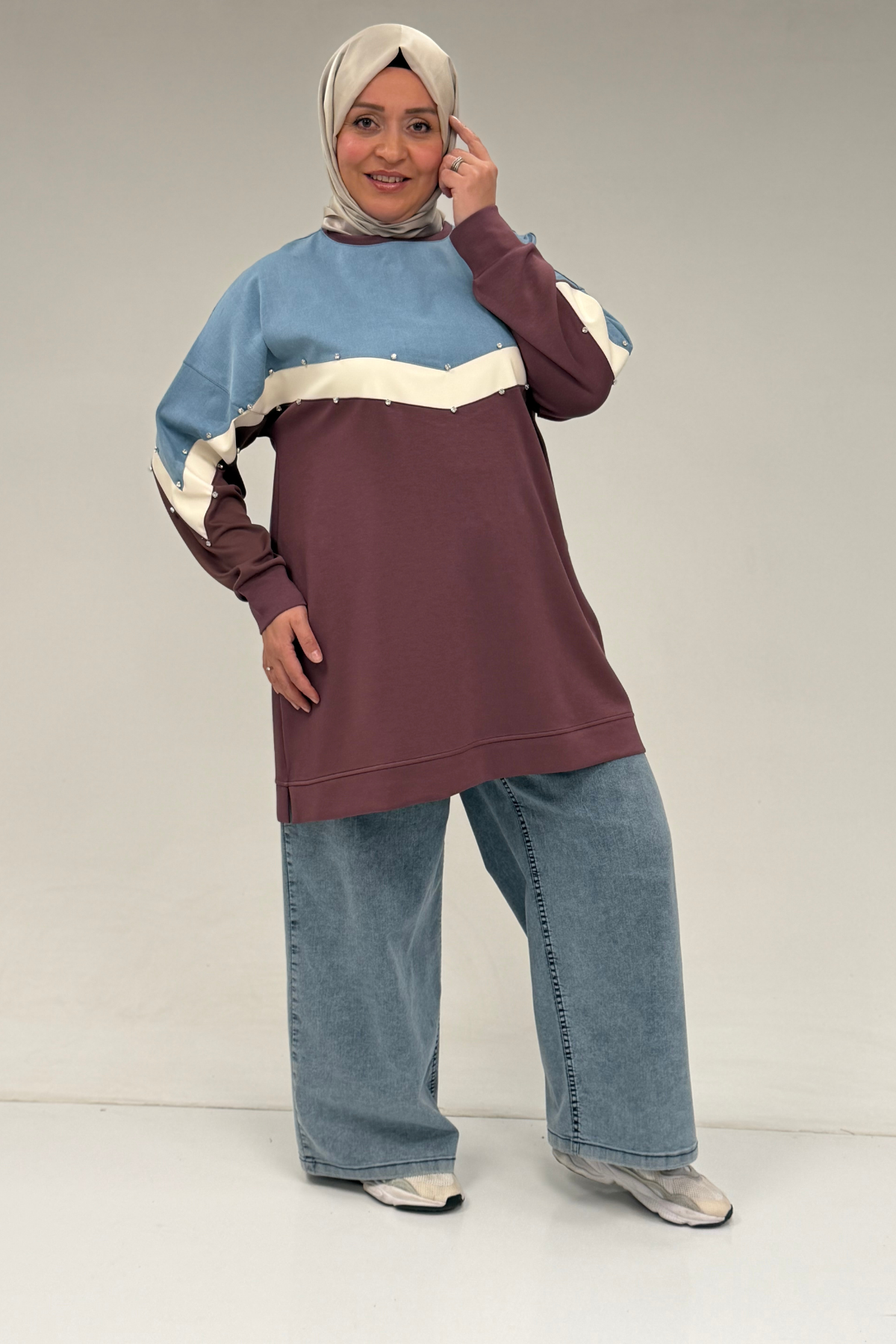 58084 Büyük Beden Parçalı Taş Detaylı Modal Tunik - Gül Kurusu