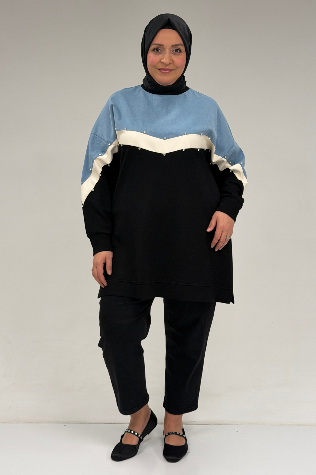 58084 Büyük Beden Parçalı Taş Detaylı Modal Tunik - Siyah