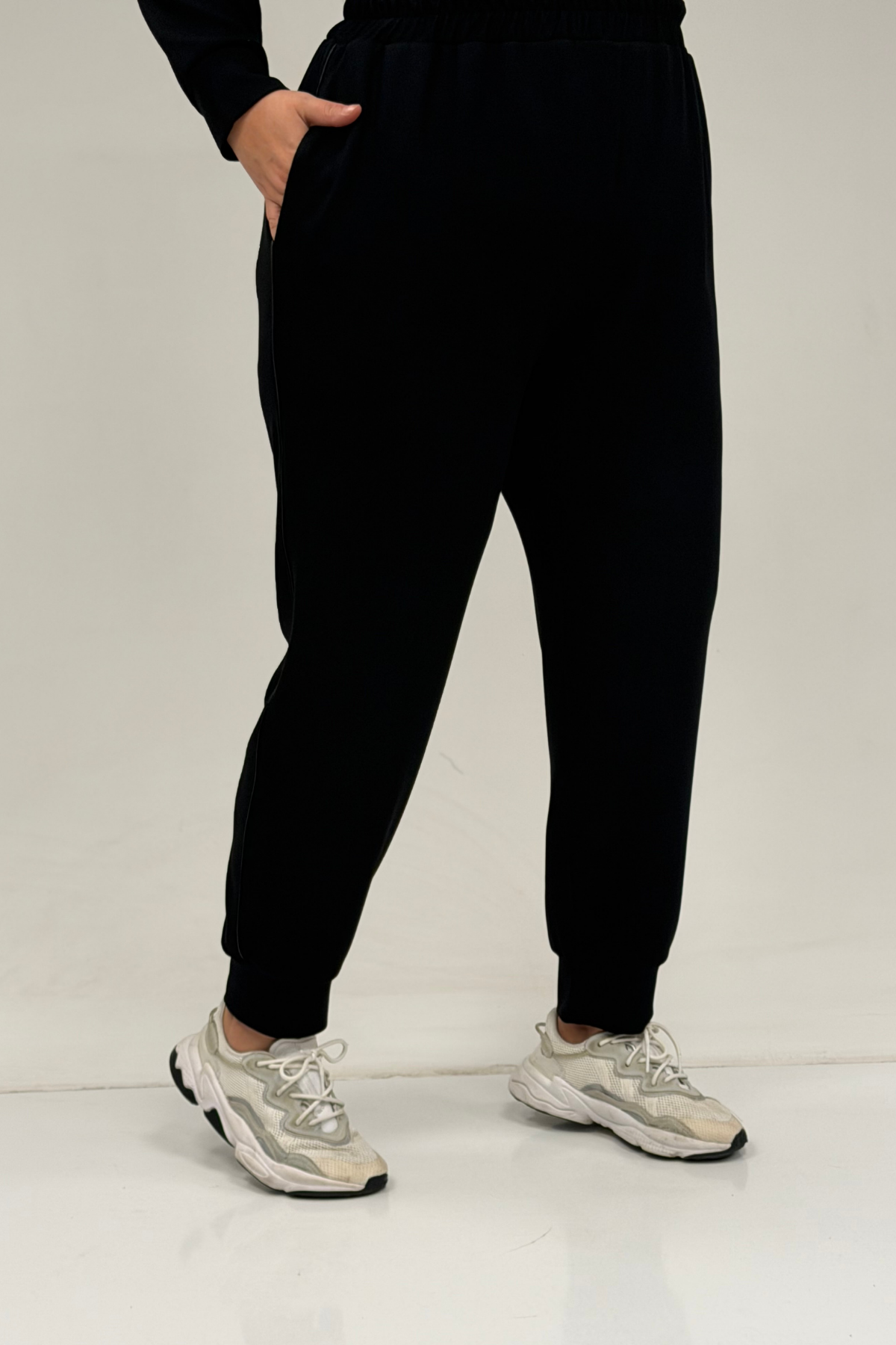 47098 Büyük Beden Waterport Garnili Modal Pantolonlu Takım - Siyah