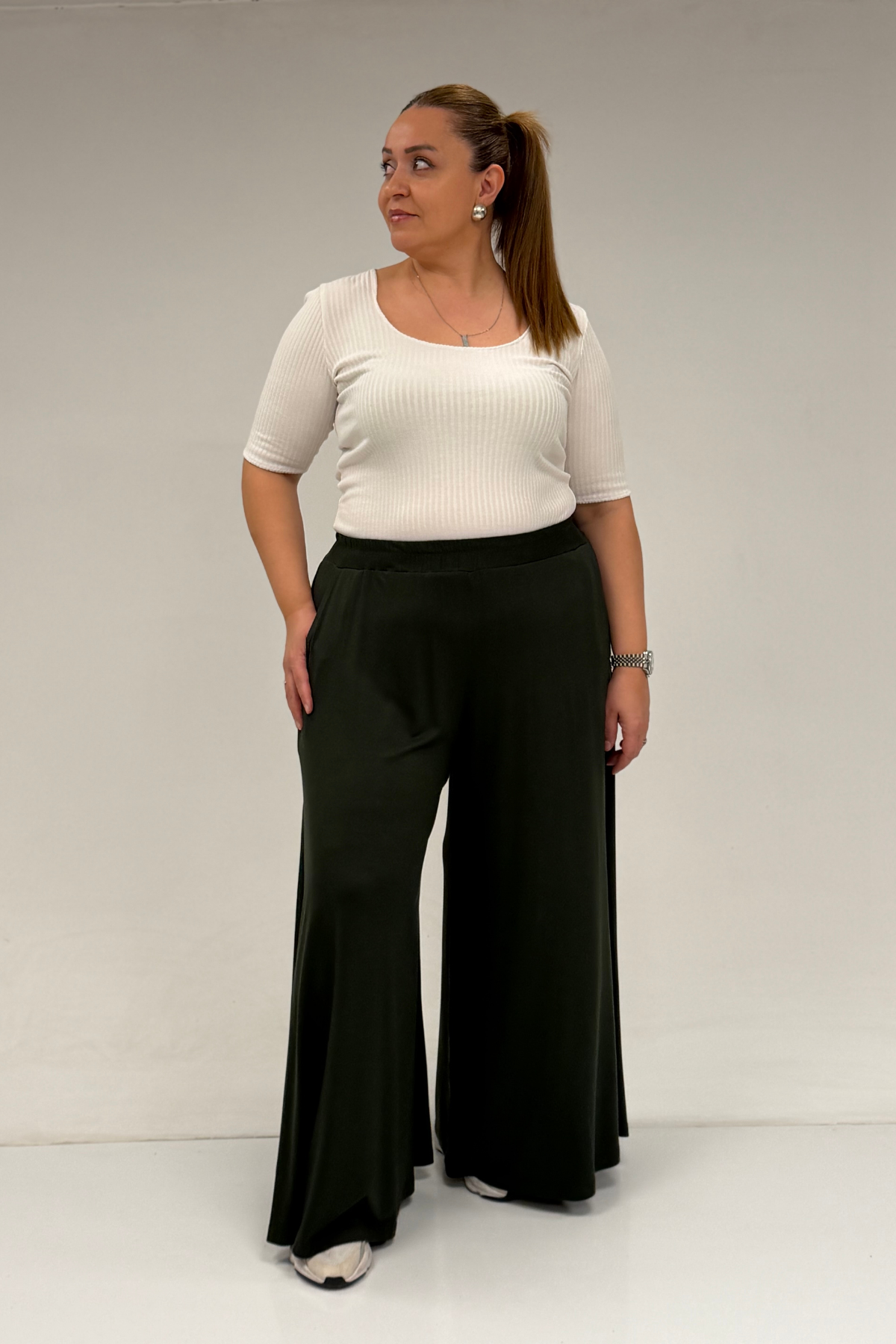 49003 Büyük Beden Beli Lastikli Penye Etek Pantolon - Haki