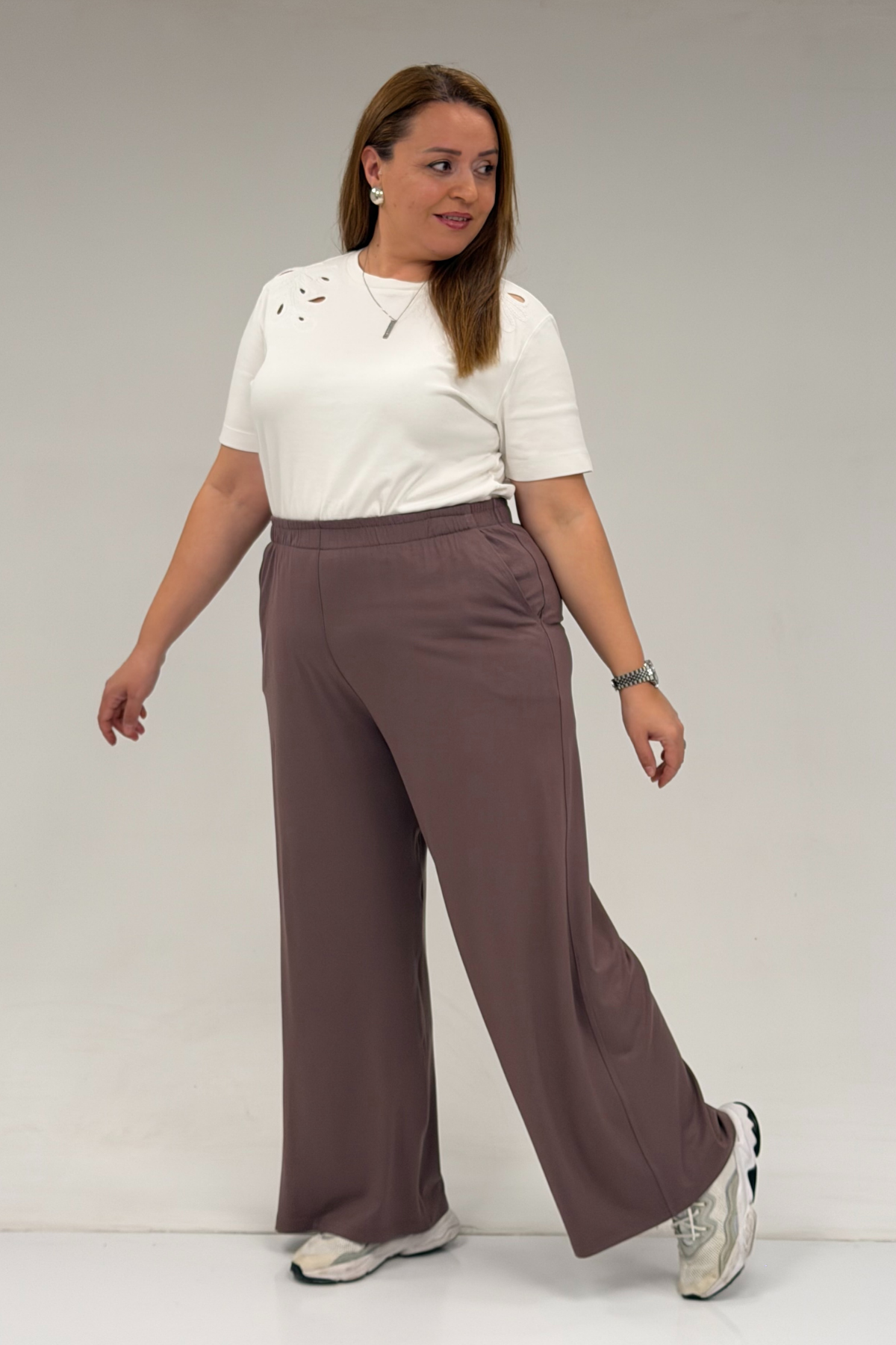 9160 Plus Size High Waist Elastic Pants - Terra Cotta