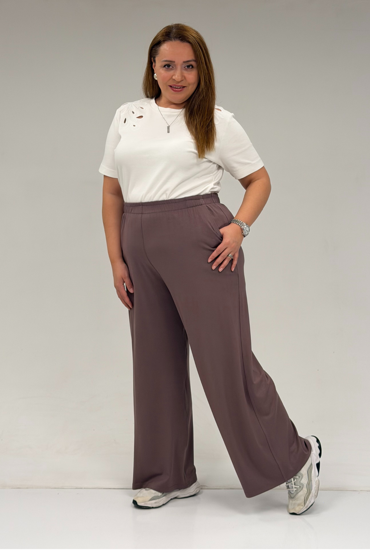 9160 Plus Size High Waist Elastic Pants - Terra Cotta