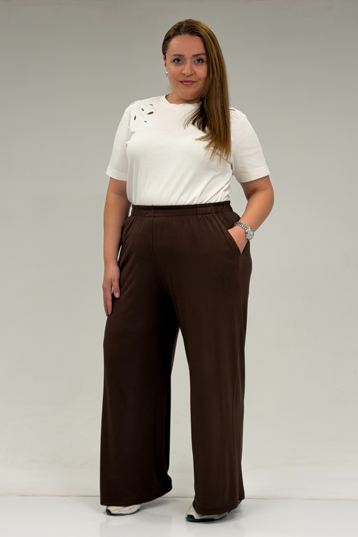 9160 Plus Size High Waist Elastic Pants - Terra Cotta