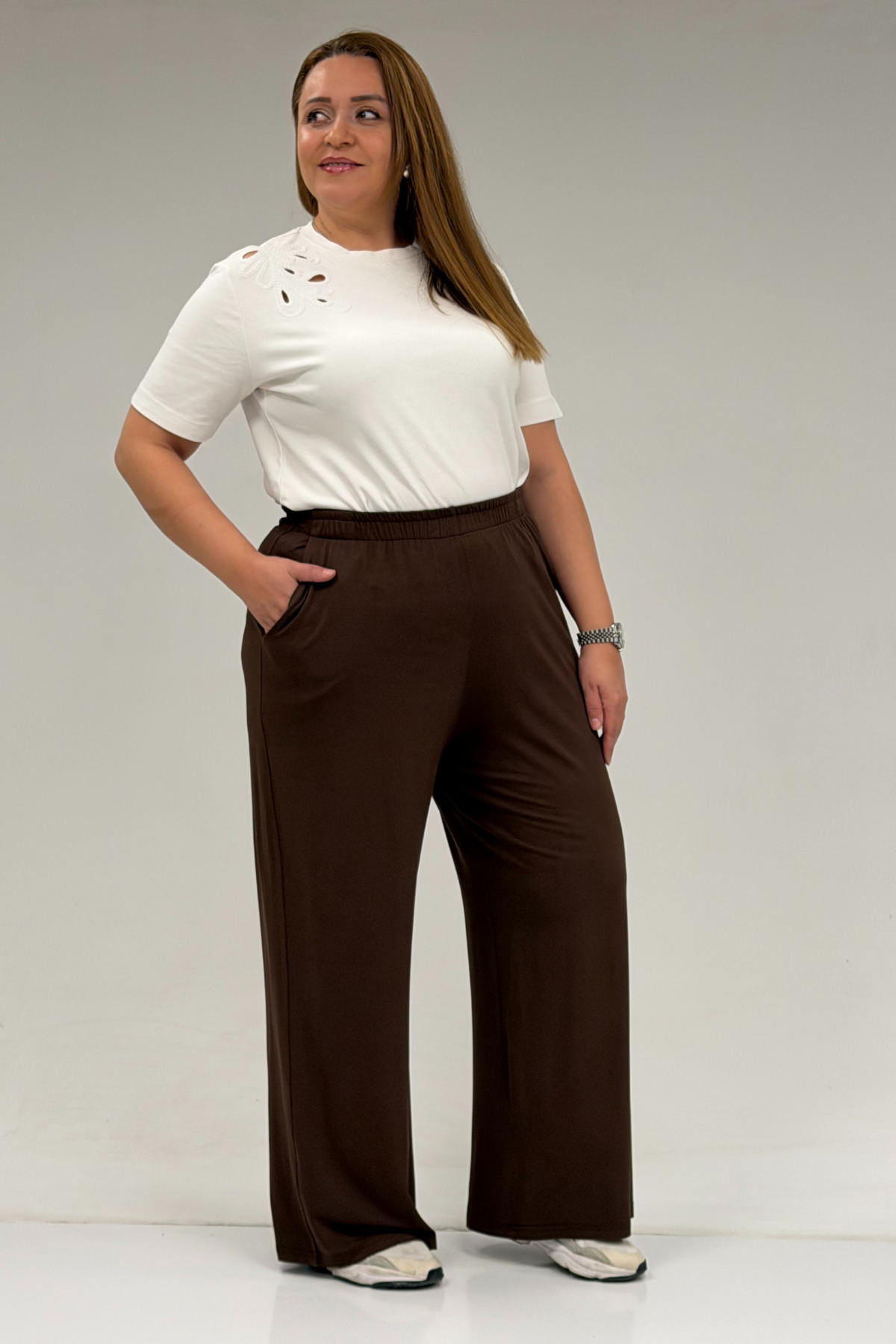 9160 Plus Size High Waist Elastic Pants - Terra Cotta