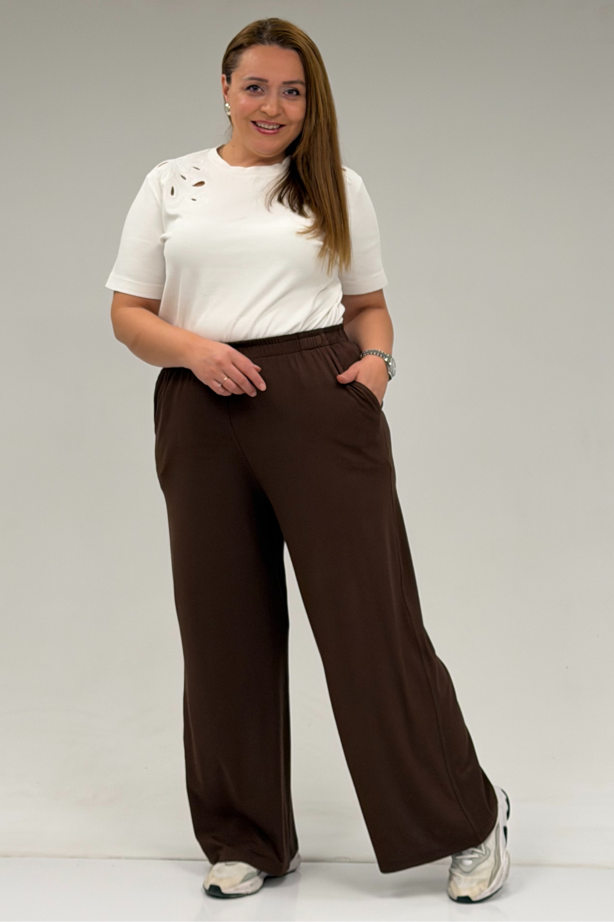 9160 Plus Size High Waist Elastic Pants - Terra Cotta