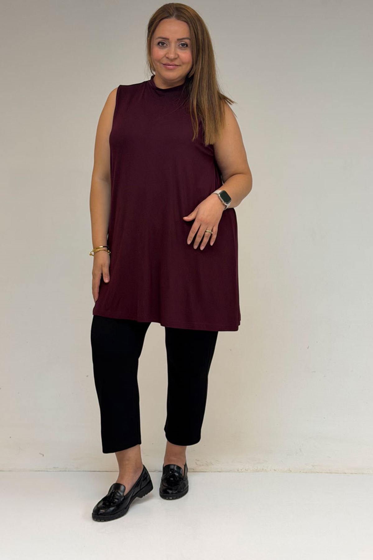 58501 Büyük Beden Hakim Yakalı Penye İçlik - Bordo