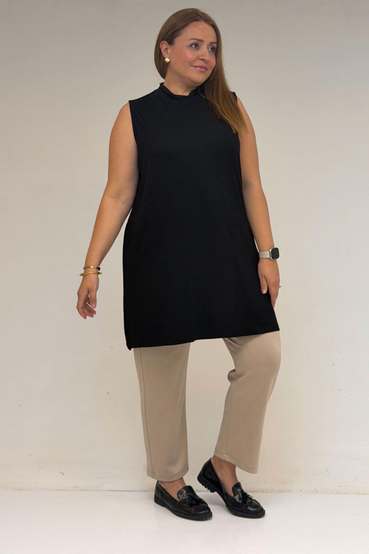 58501 Büyük Beden Hakim Yakalı Penye İçlik - Siyah