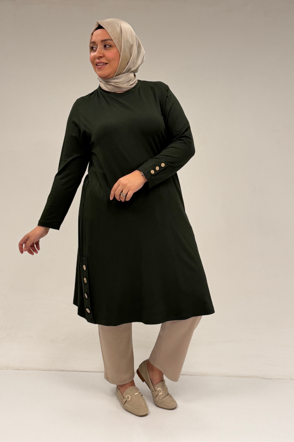 38015  Büyük Beden Düğme Detaylı Penye Tunik - Haki