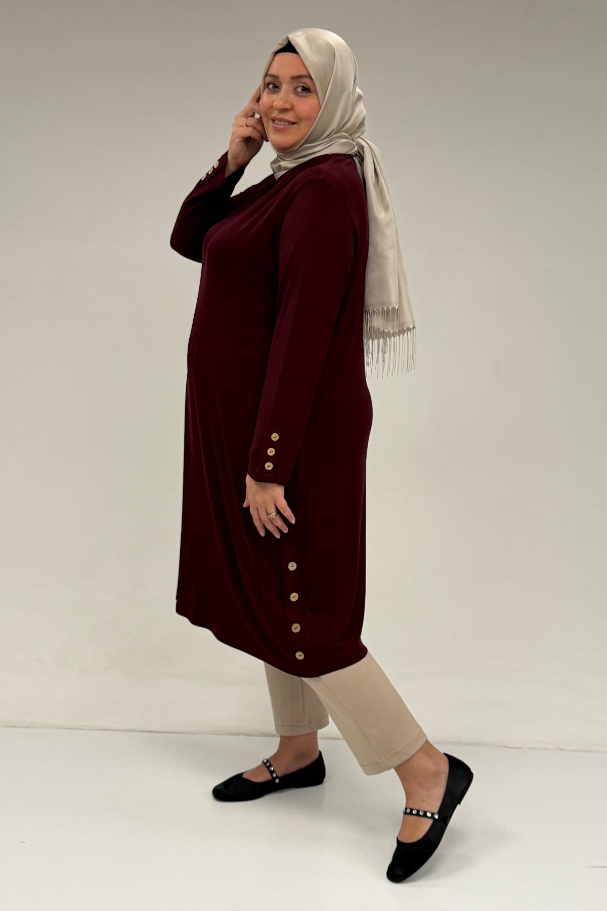 38015  Büyük Beden Düğme Detaylı Penye Tunik - Bordo