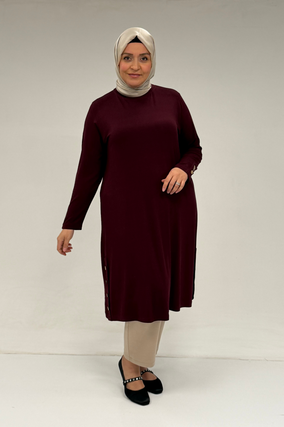 38015  Büyük Beden Düğme Detaylı Penye Tunik - Bordo