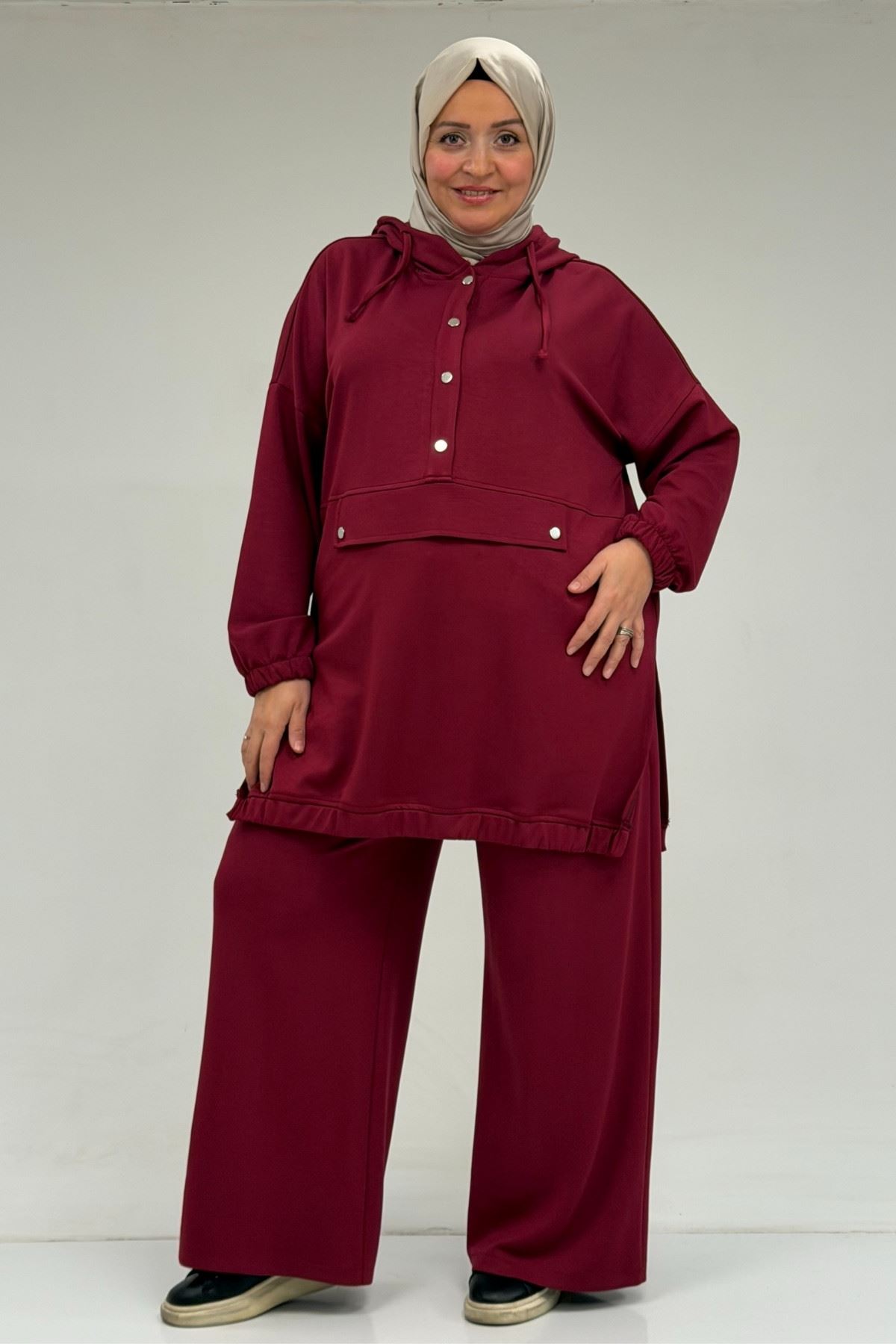 47089 Büyük Beden Yarım Patlı Kapşonlu Pantolonlu Modal Takım - Bordo