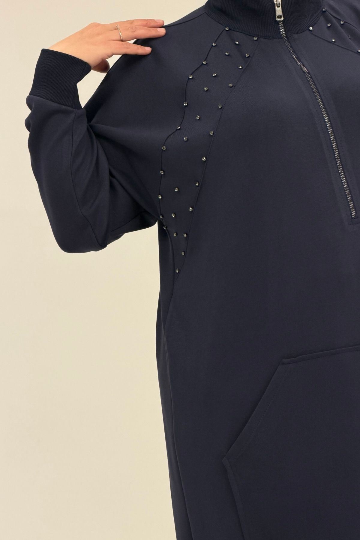 47088 Büyük Beden Omzu Taş Detaylı Pantolonlu Takım - Lacivert