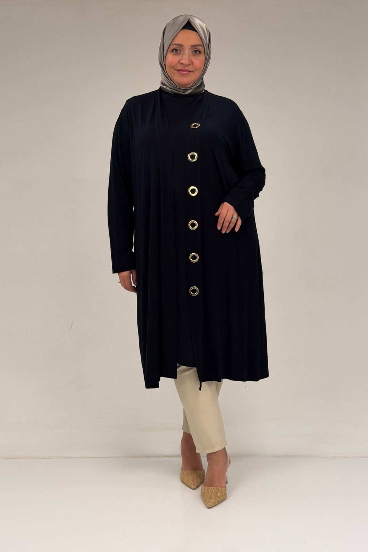 67032 Büyük Beden Kuşgözü Detaylı Penye İkili Takım - Lacivert