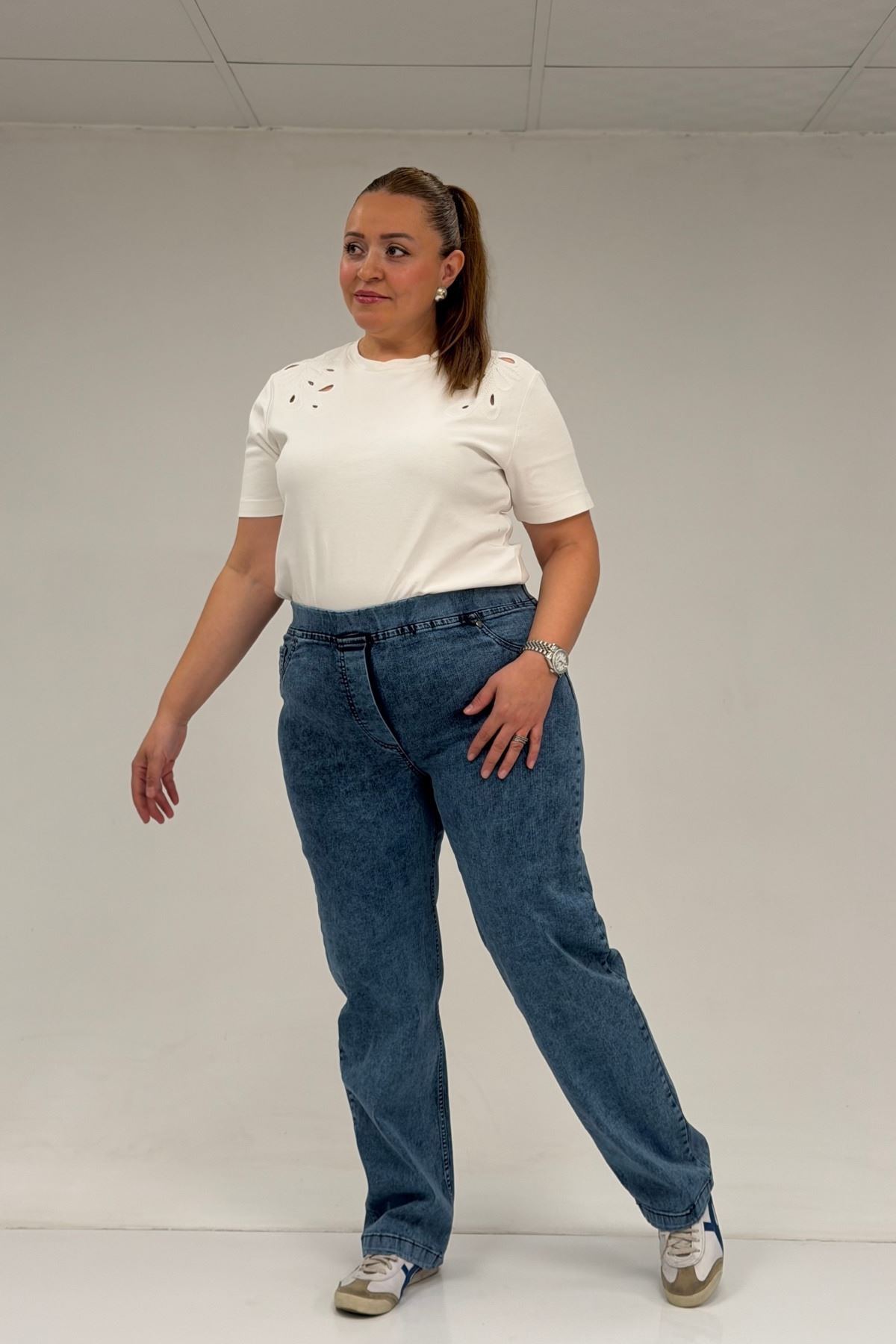 59036 Büyük Beden Beli Lastikli Cep Görünümlü Kot Pantolon - Lacivert