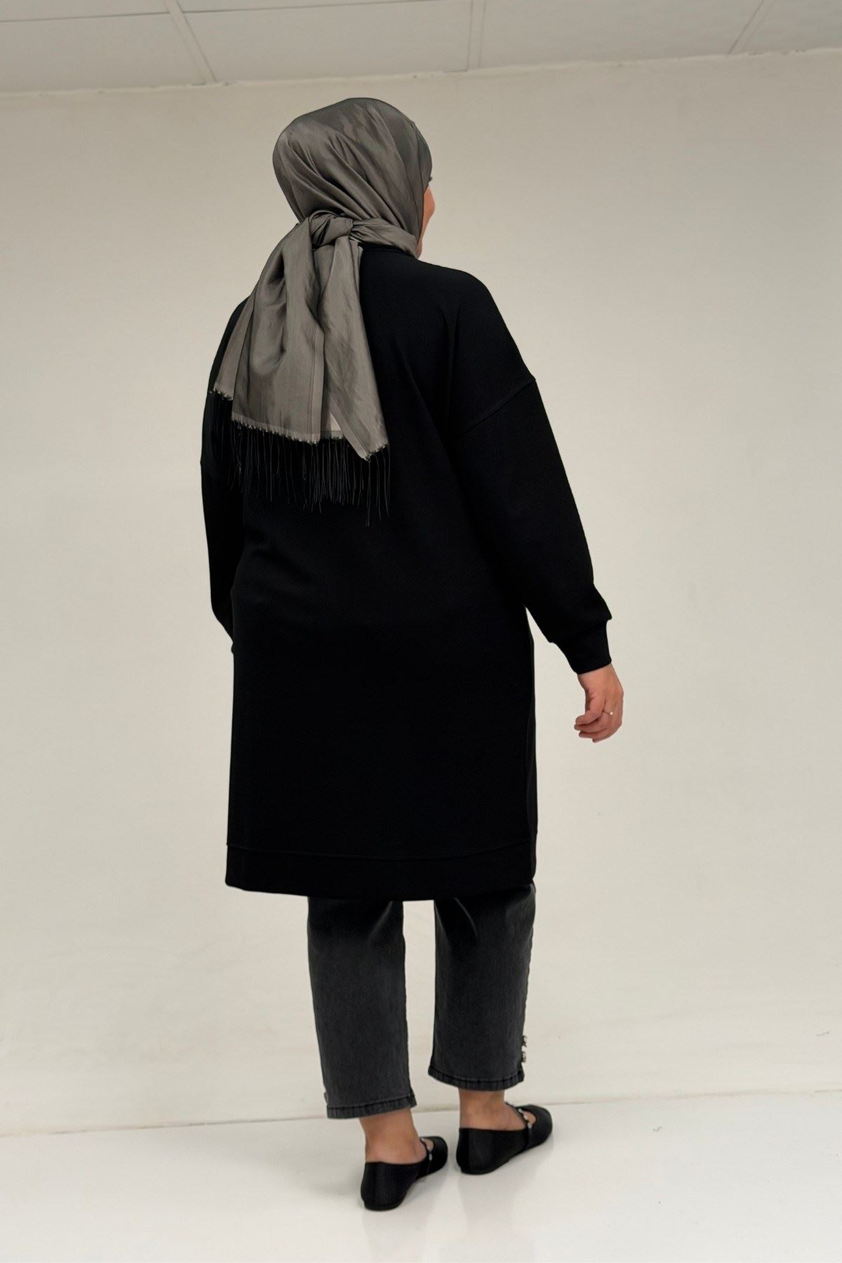 48089 Büyük Beden Beyoğlu Taşlı Modal Tunik - Siyah