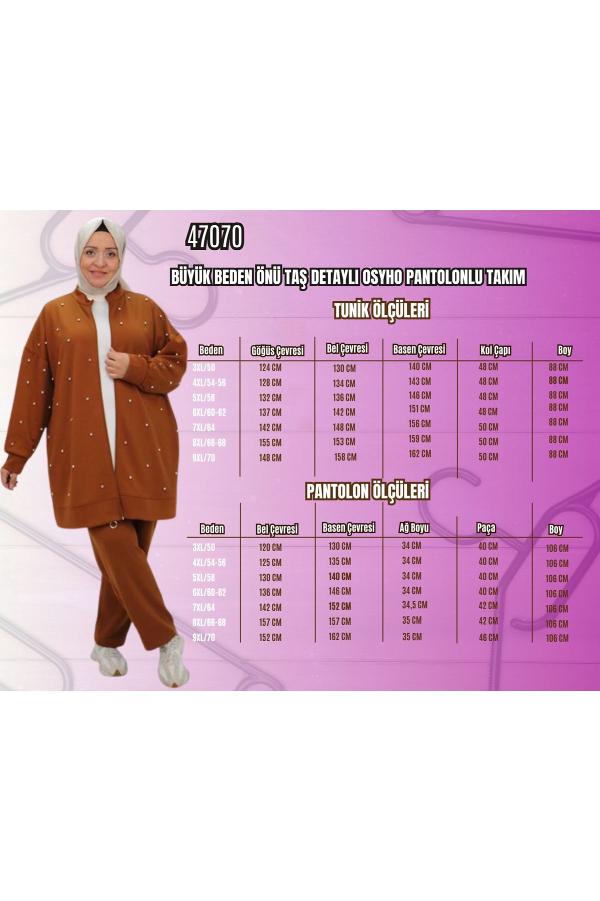 47070 Büyük Beden Önü Taş Detaylı Modal Pantolonlu Takım - Siyah