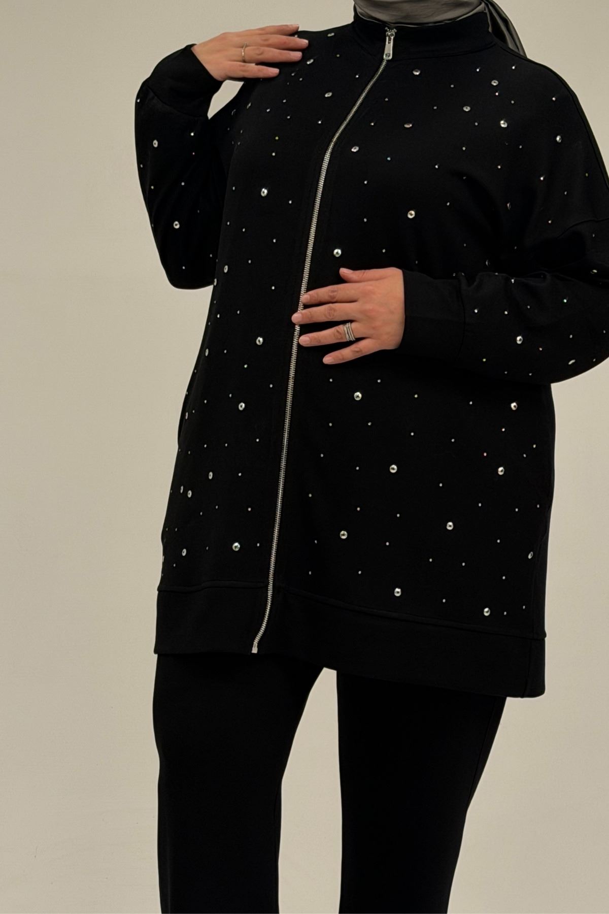 47070 Büyük Beden Önü Taş Detaylı Modal Pantolonlu Takım - Siyah