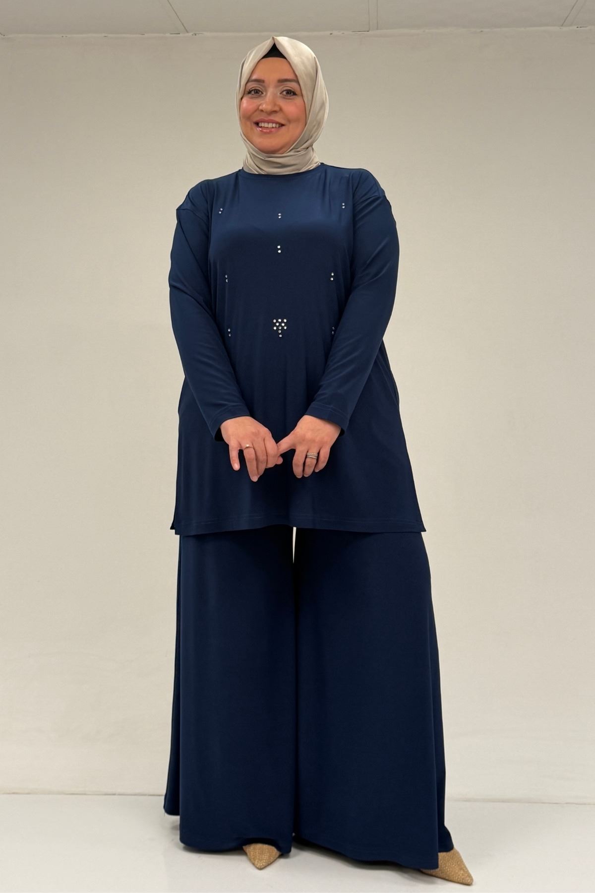 67030 Büyük Beden Yanı Yırtmaçlı Sandy Pantolonlu Takım - İndigo