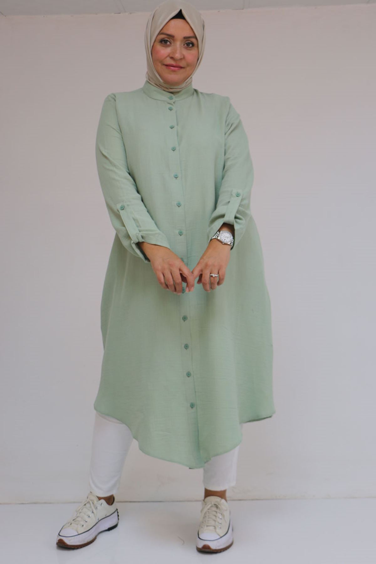 68013 Büyük Beden Tek Düğme Detaylı Müslin Gömlek - Nefti 