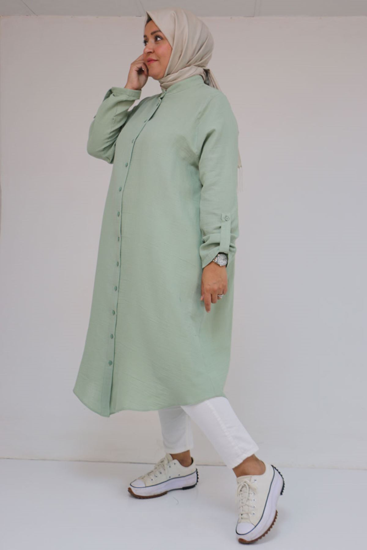 68013 Büyük Beden Tek Düğme Detaylı Müslin Gömlek - Nefti 