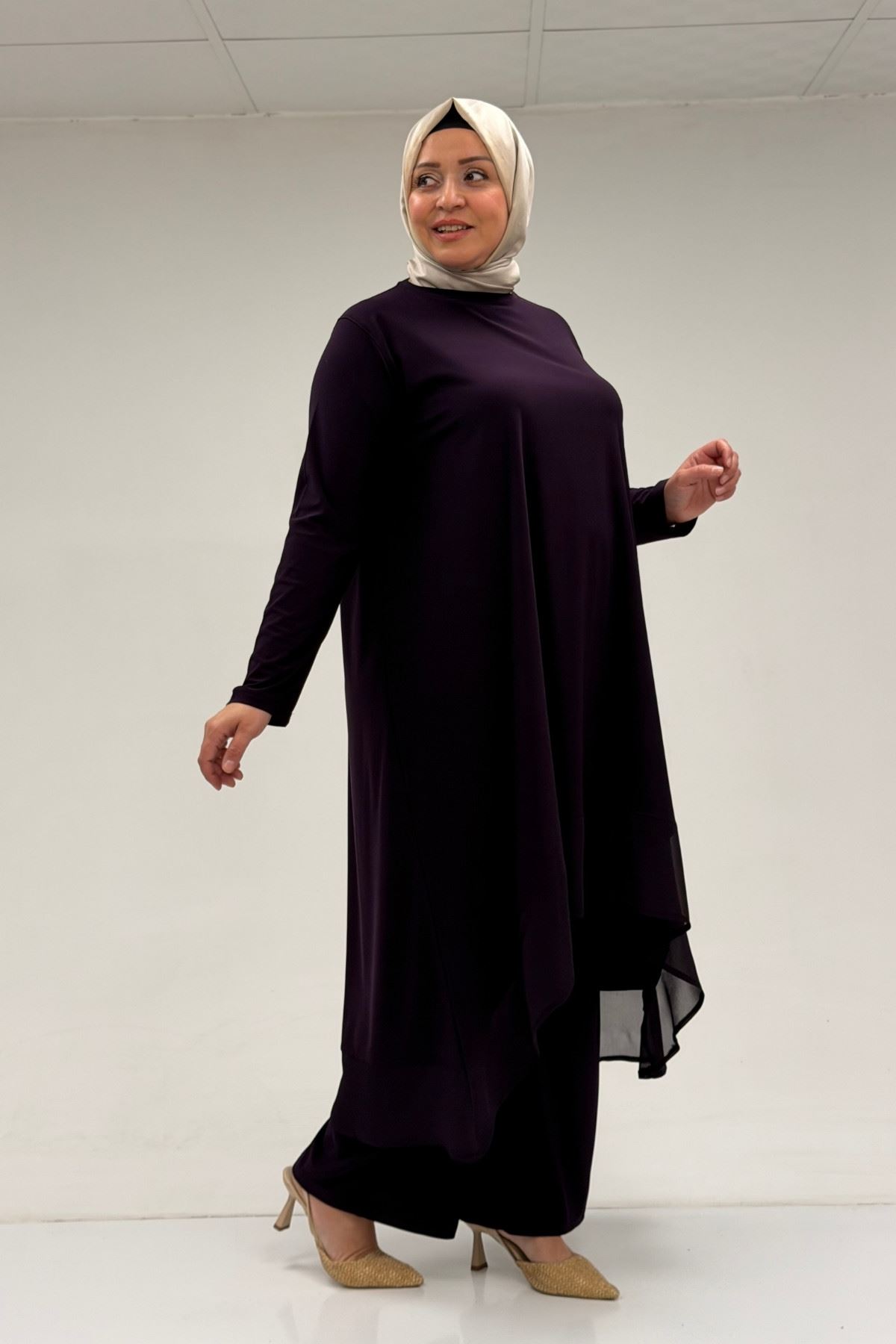 37017 Plus Size Sandy-Chiffon Trousers Suit-Purple