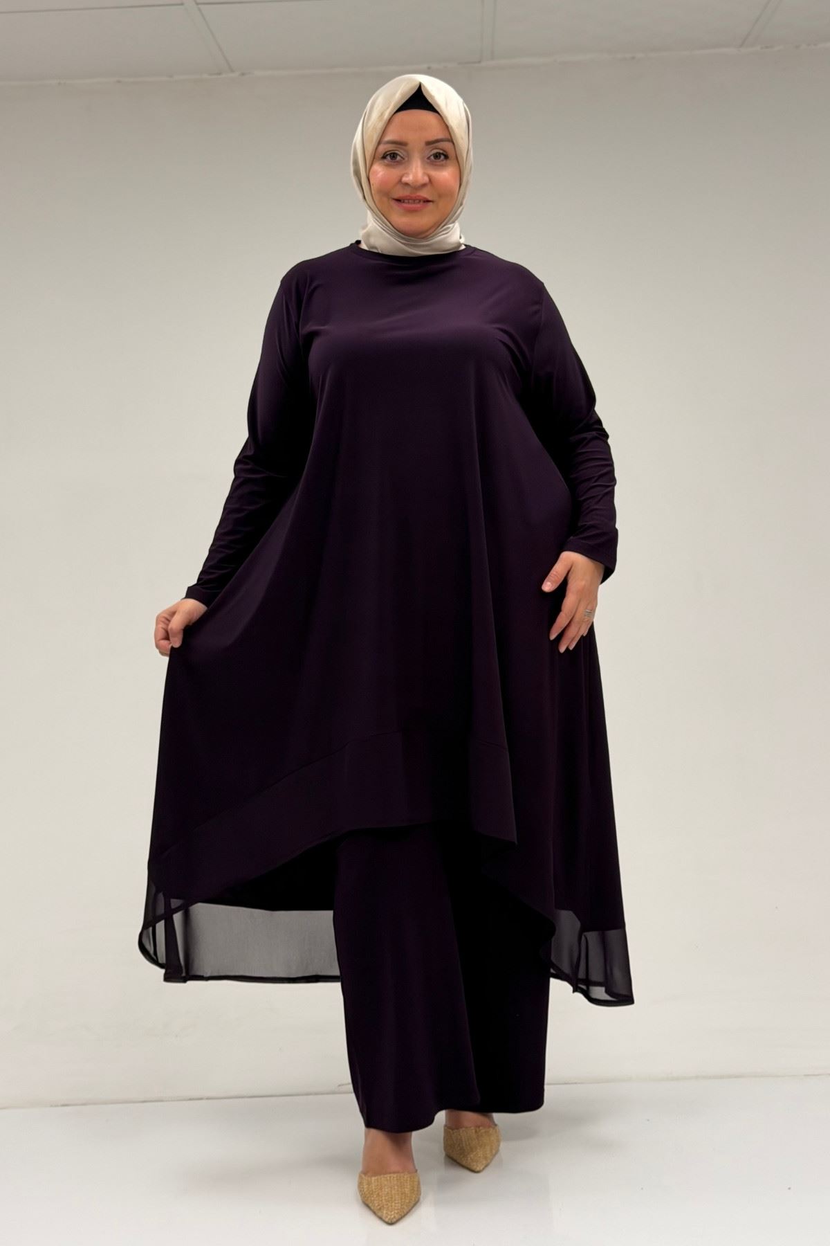 37017 Plus Size Sandy-Chiffon Trousers Suit-Purple
