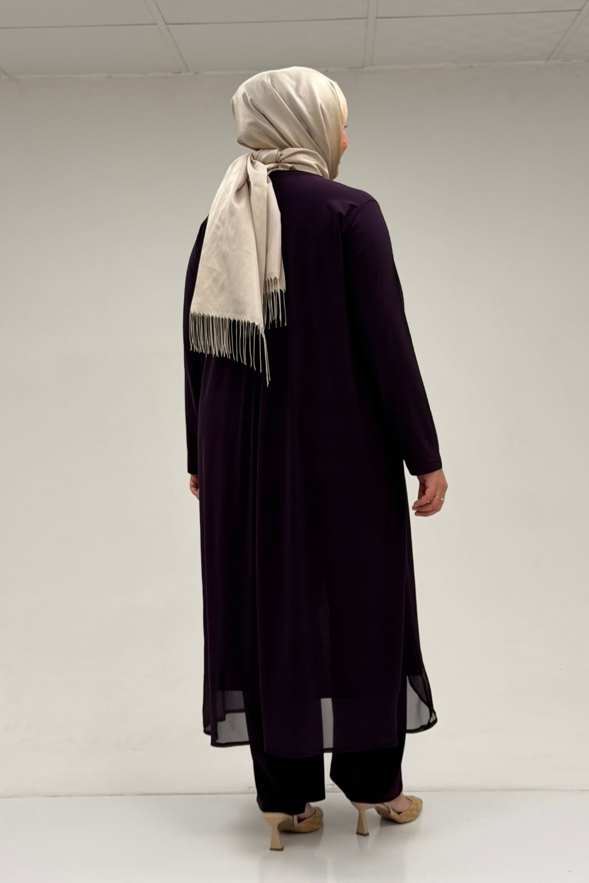 37017 Plus Size Sandy-Chiffon Trousers Suit-Purple