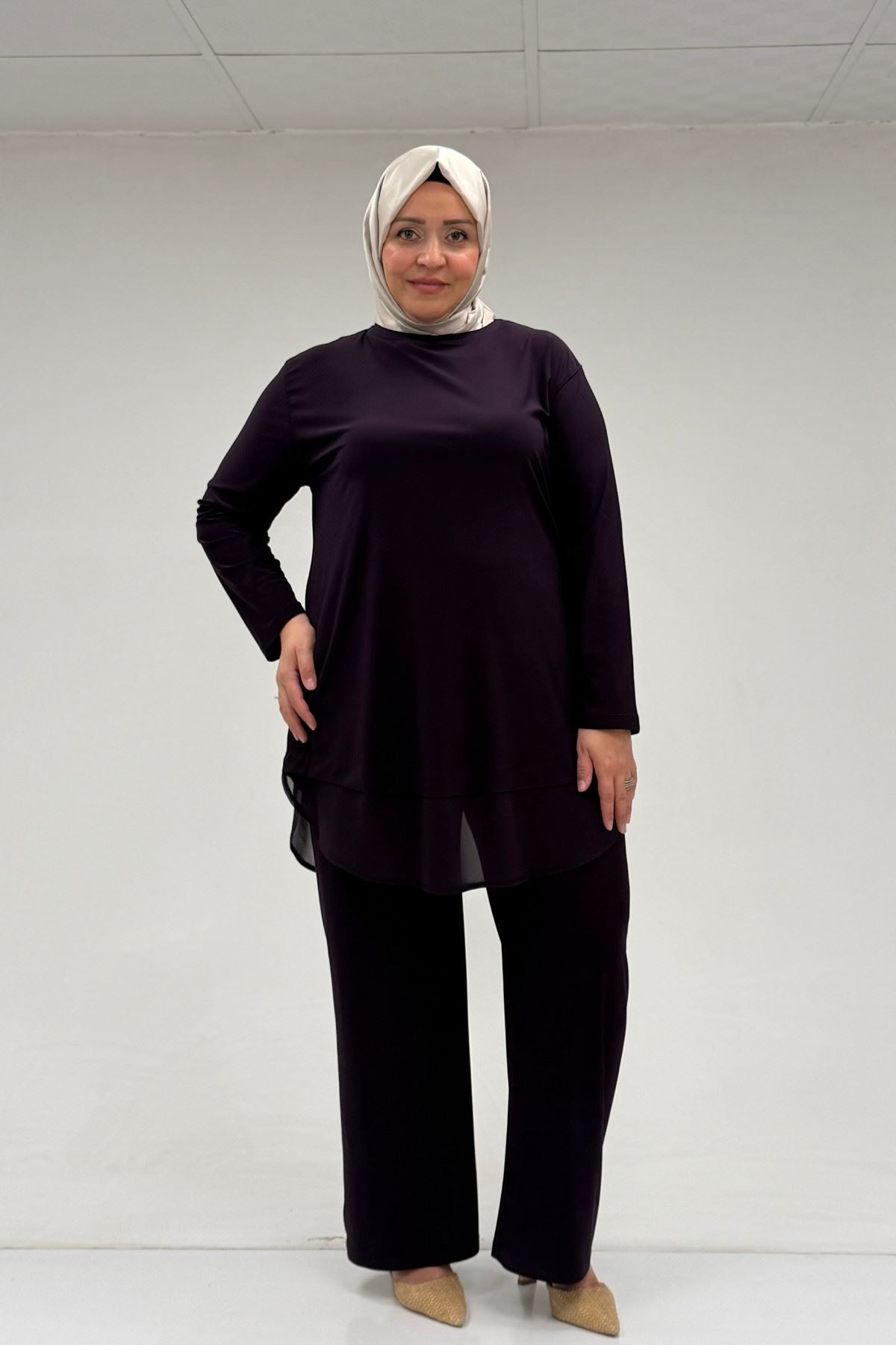 67009 Büyük Beden Etek Ucu Şifon Detaylı Sandy Pantolonlu Takım - Mor