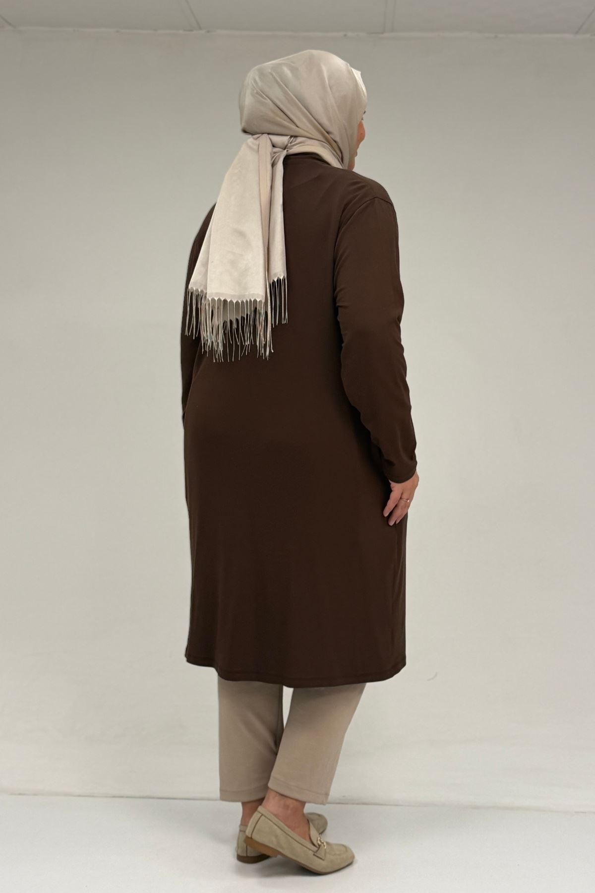 63005 Büyük Beden Kaplama Düğme Detaylı Penye Ceket - Kahve