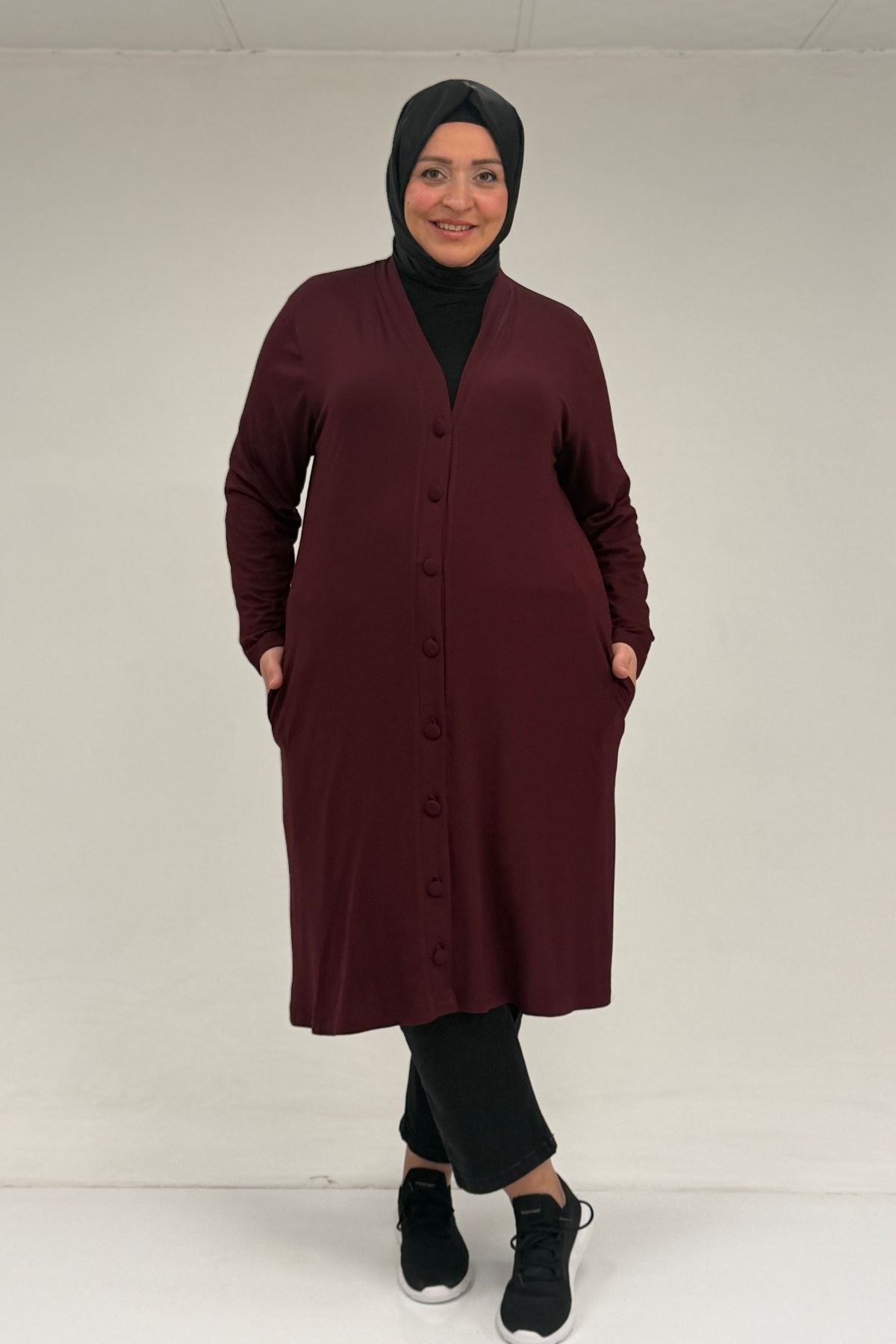 63005 Büyük Beden Kaplama Düğme Detaylı Penye Ceket - Bordo