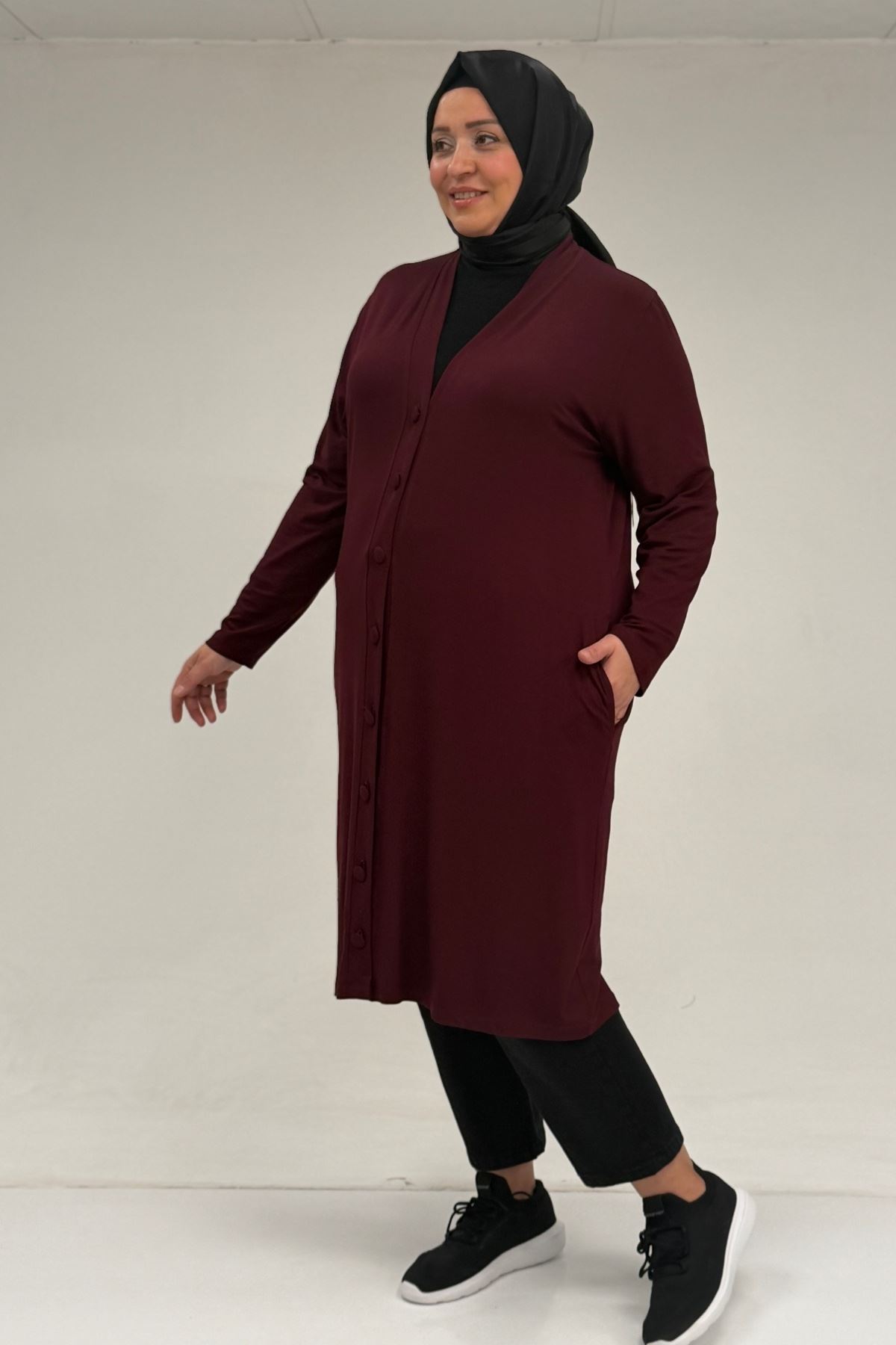 63005 Büyük Beden Kaplama Düğme Detaylı Penye Ceket - Bordo