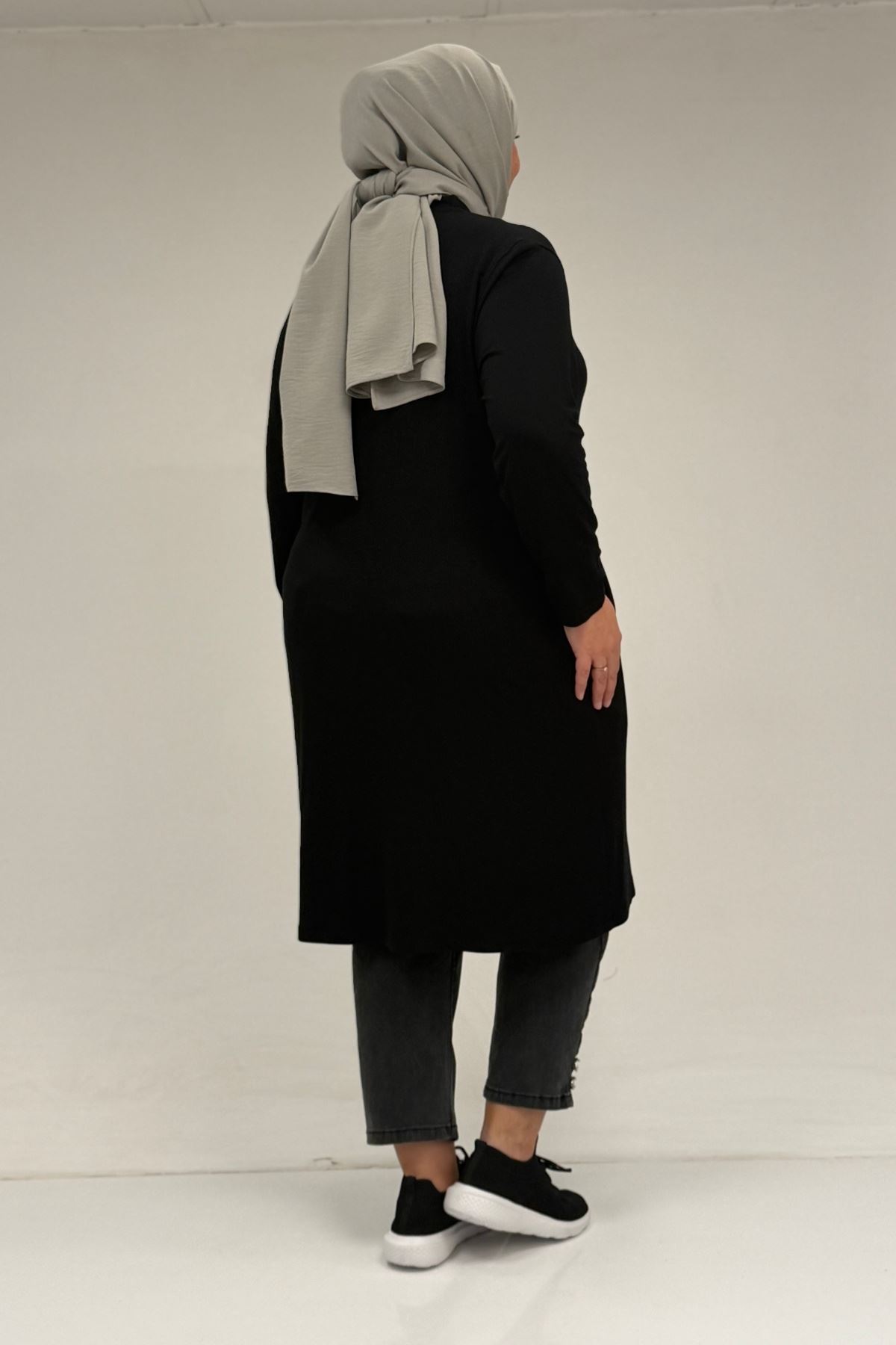 63005 Büyük Beden Kaplama Düğme Detaylı Penye Ceket - Siyah